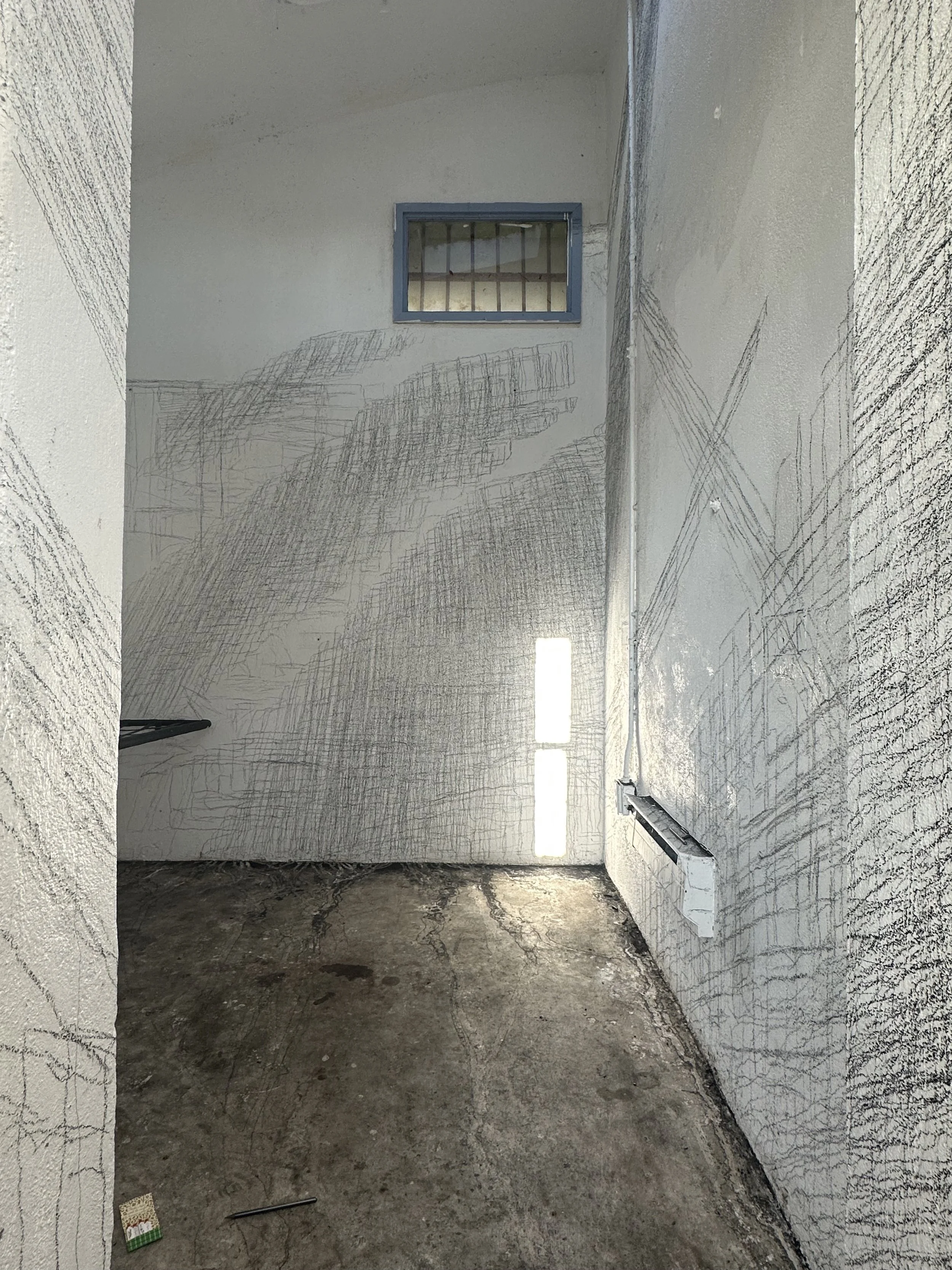 Holding On to Something Gone, 2026, Graphite on walls, sun, Dimensions variable