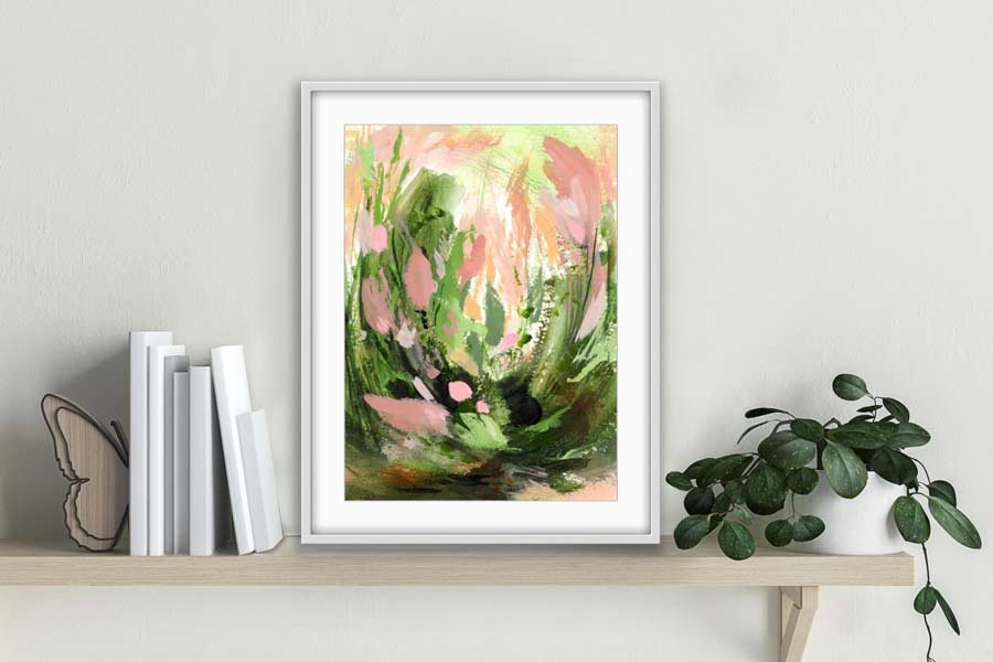 "In the waiting" abstract floral art print framed on wall