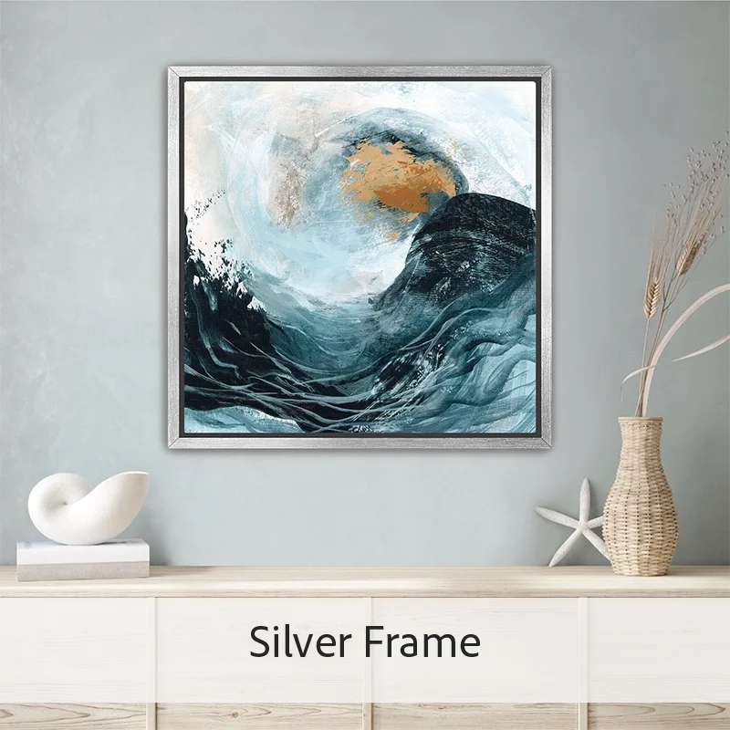 Crash ocean wave canvas with silver floater frame