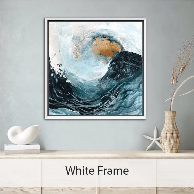 Crash ocean wave canvas with white floater frame