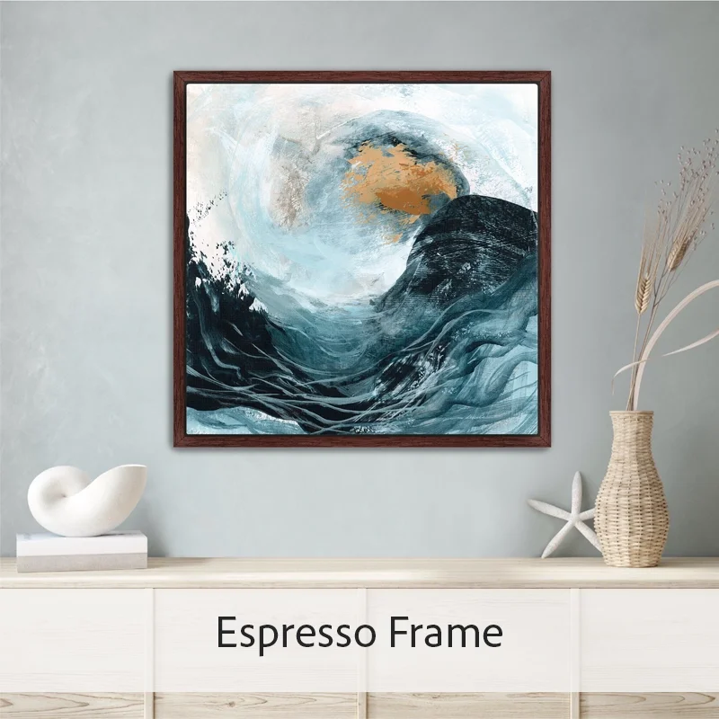 Crash ocean wave canvas with espresso floater frame