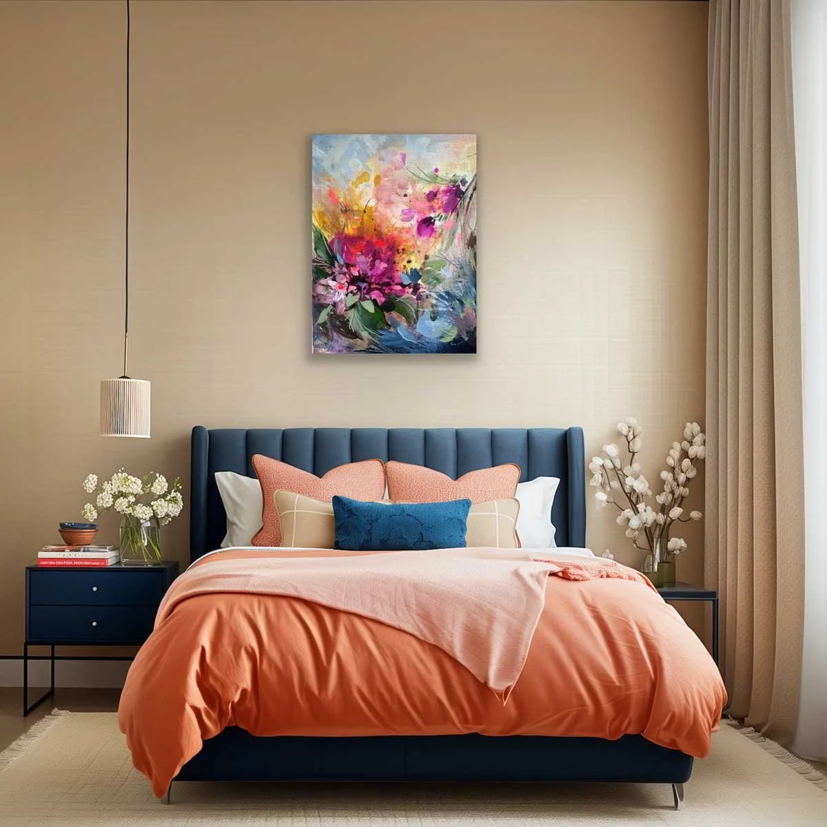 A modern bedroom with a navy blue upholstered bed, pink and beige pillows, an orange comforter, beige walls, a colorful abstract floral painting above the bed, a blue nightstand with white flowers and books, and a side table with white flowers, with beige curtains on the right and a hanging pendant light on the left.