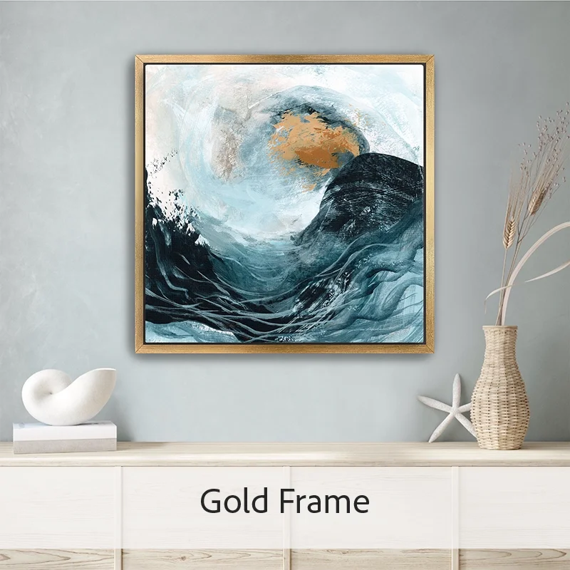 Crash ocean wave canvas with gold floater frame