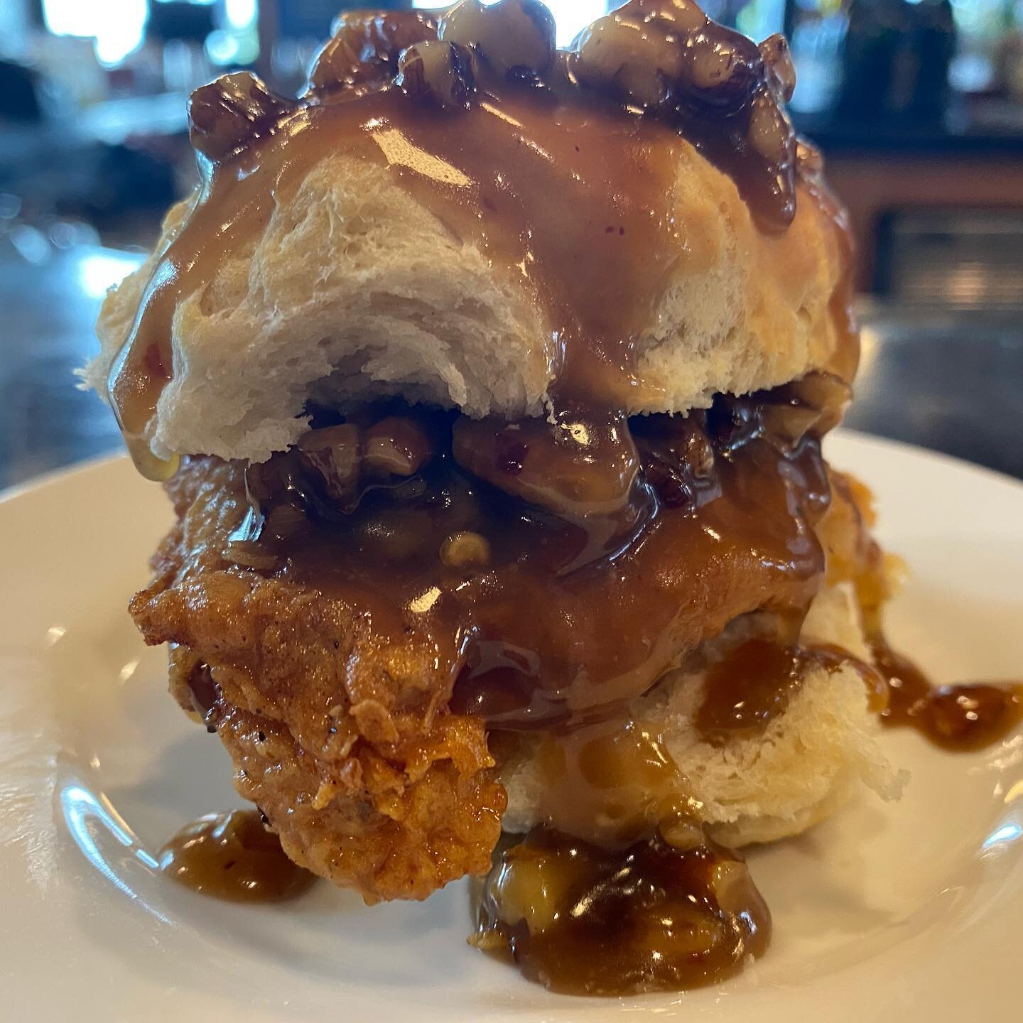 NEW on the Patio feature line-up 🍽 is our SOON to be FAMOUS 🔥Southern Fried Chicken 🐓 Biscuit with a Spicy 🌶 Praline Sauce drizzled 🥄 on top. 🤩