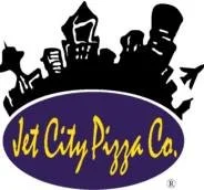 Logo for Jet City Pizza Co. with a silhouette of city buildings in black above the name.