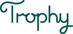 Trophy Cupcakes Logo, written in teal script.