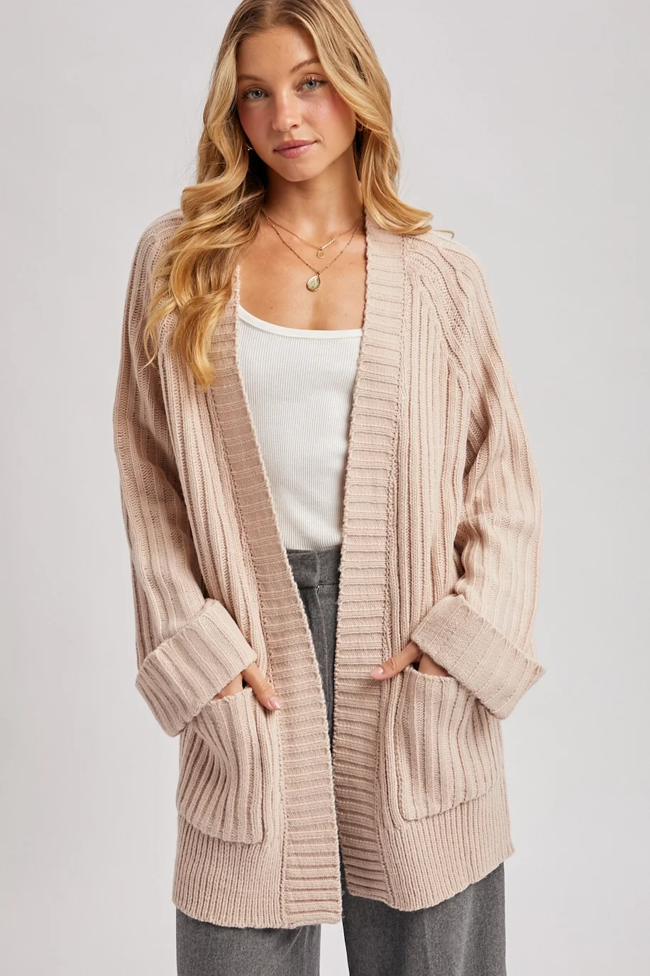 Open Front Long Line Knit Sweater Cardigan ~ ALMOND