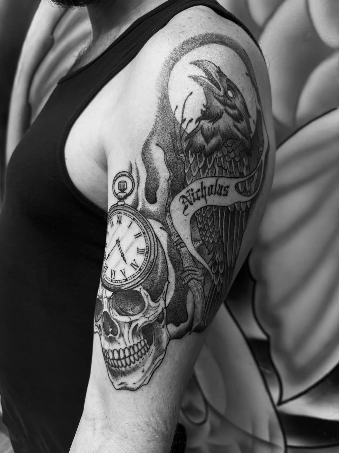 Healed crow. Fresh skull/pocket watch. Sleeve in progress. Booking for April in Peoria, Illinois.