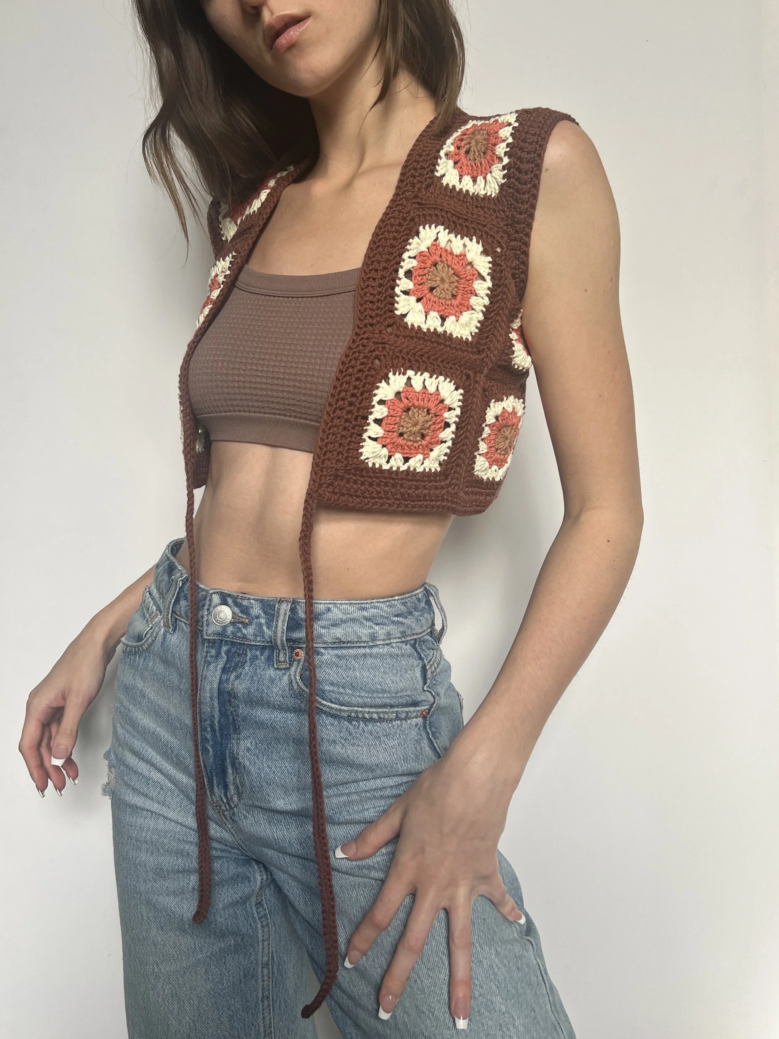 brown/orange/cream granny square vest
