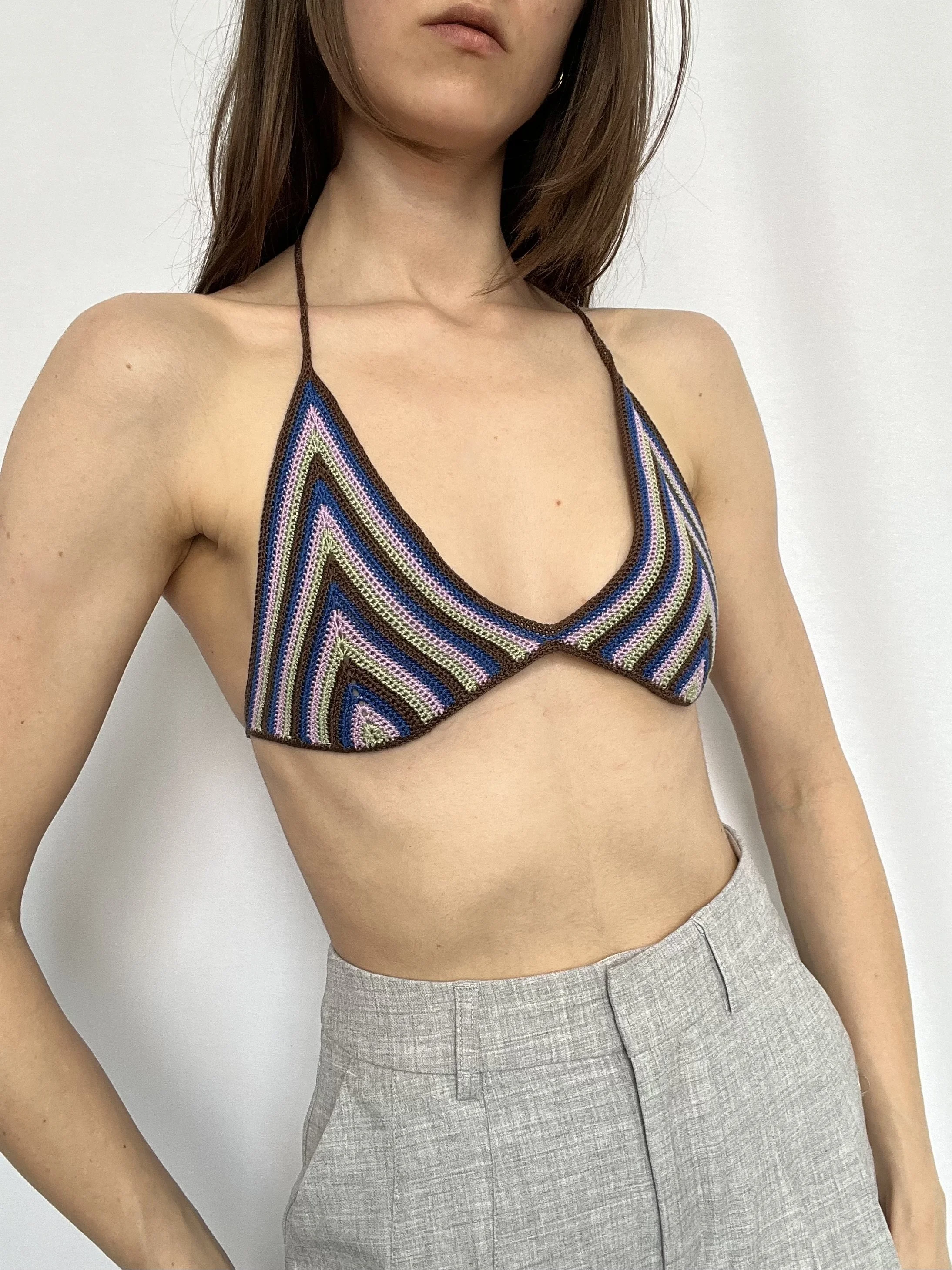 brown/blue/purple/green striped bra