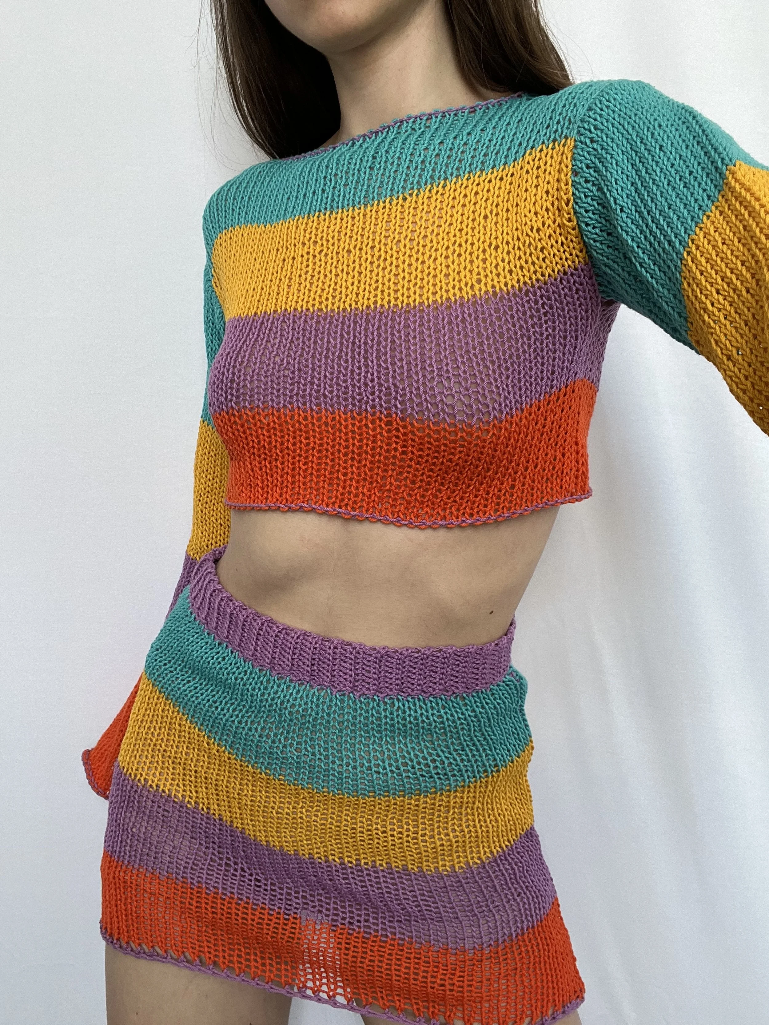 blue/yellow/purple/orange sweater and skirt set