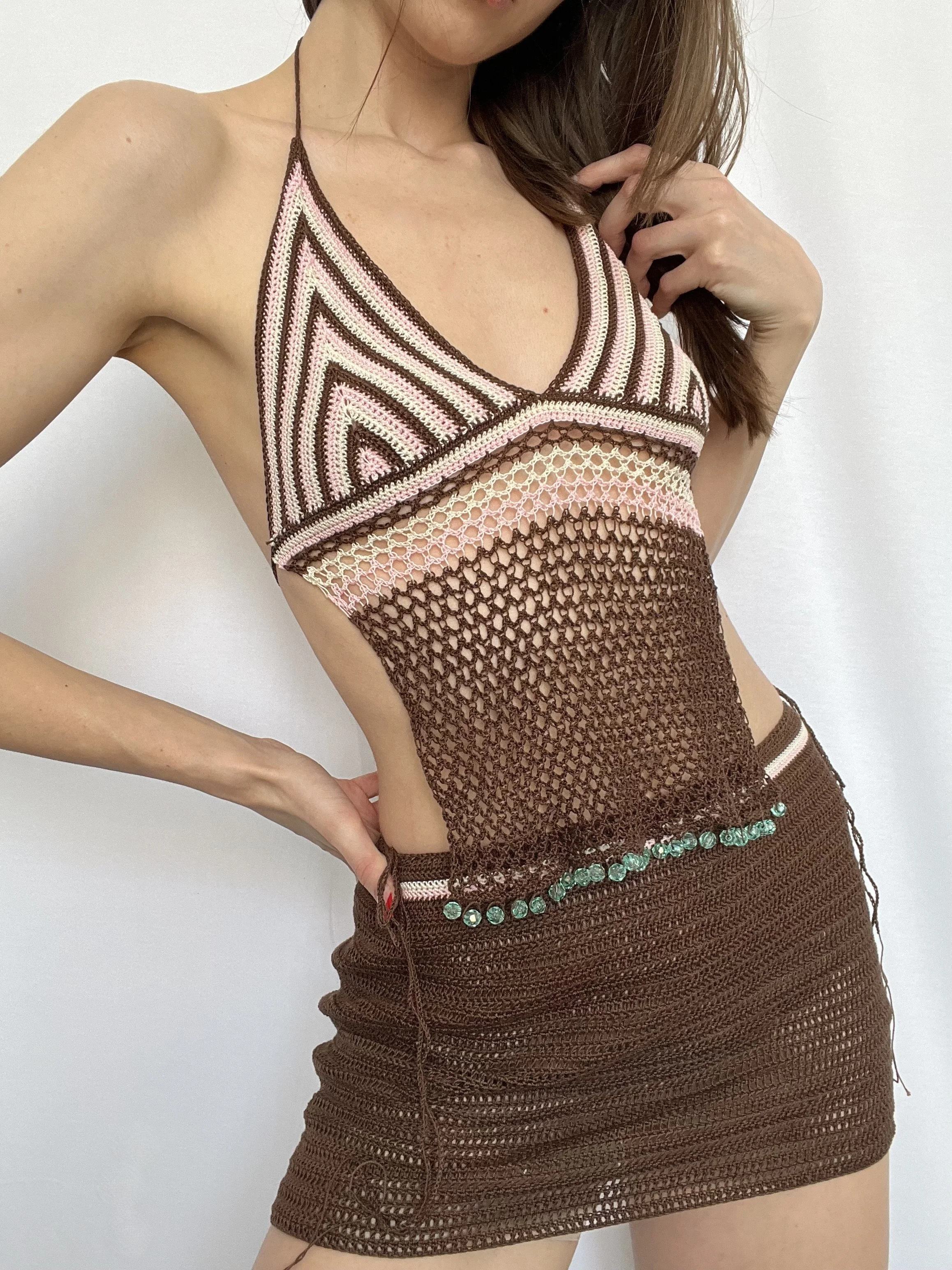 brown/pink/cream beaded bra mesh top and mini skirt set