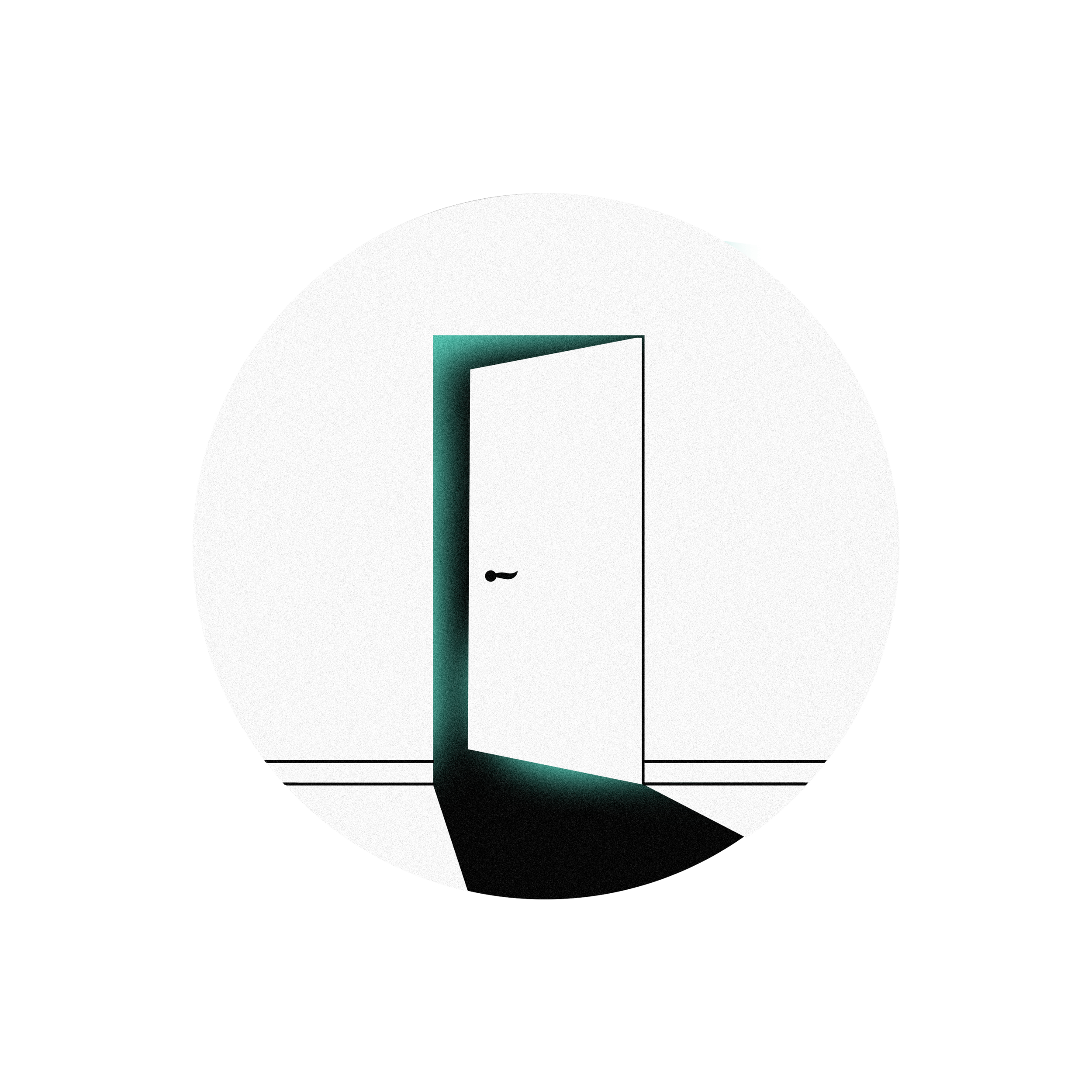 An illustration of an open door with a keyhole, casting a shadow inside a white circular space, with a teal border at the top.