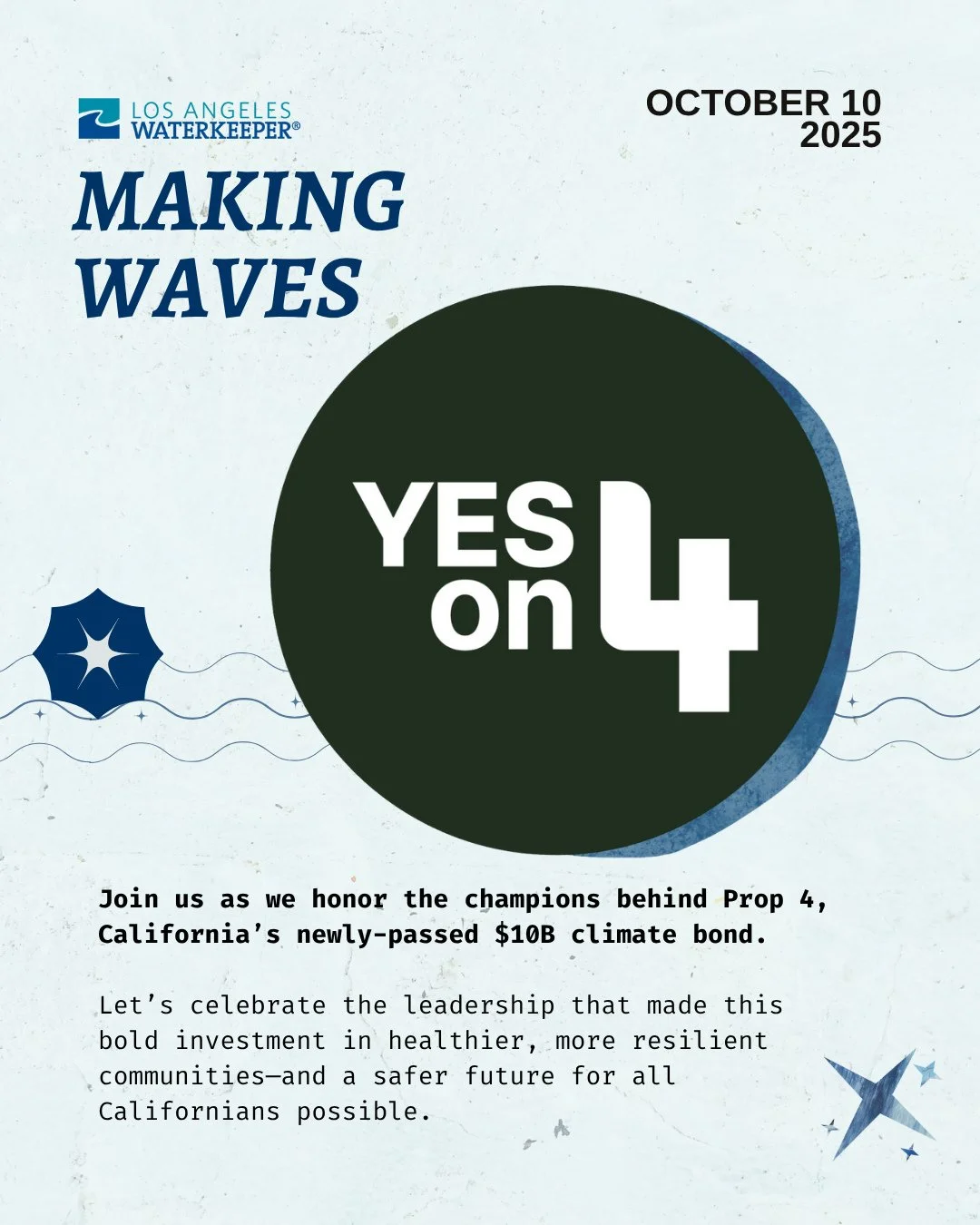 Thank you to our 2025 Making Waves Honorees! 🌊👏⁠
⁠
This year we honor the Yes on 4 Coalition, whose efforts were instrumental in gathering support for Prop 4, California&rsquo;s newly passed climate bond. ⁠
⁠
This landmark legislation is the larges
