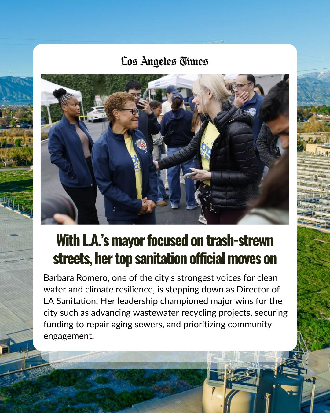 ICYMI: Barbara Romero&rsquo;s upcoming departure from LA Sanitation is a major loss for L.A. ⁠
⁠
Under her leadership, the city advanced wastewater recycling, secured critical sewer repair funding, and brought real community voices into environmental