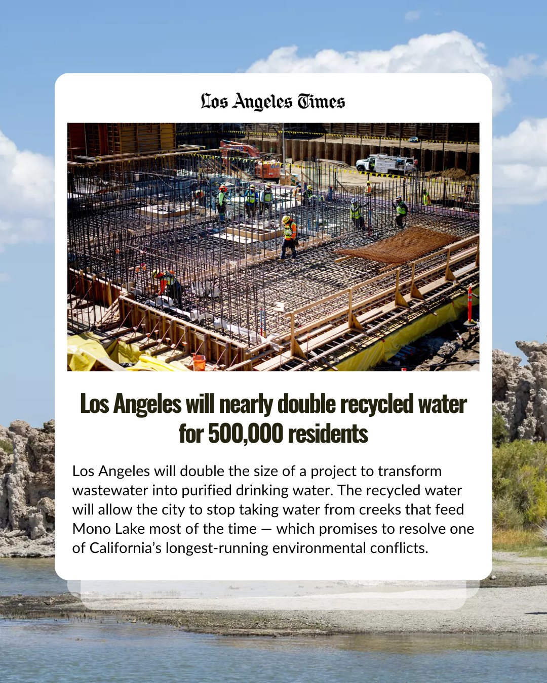 The LA Board of Water and Power just voted to nearly double the recycled water capacity at the Tillman Water Reclamation Plant.⁠
⁠
That's enough to supply 500,000 people with a drought-proof, locally sourced water supply - reducing our dependence on 