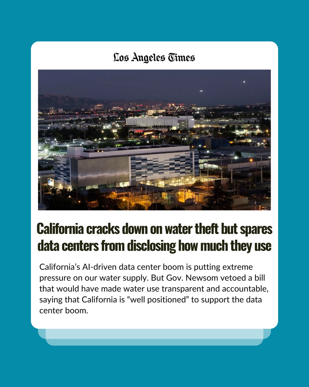 AI is draining our water. 💧⁠
⁠
But Gov. Newsom just vetoed a bill that would have required data centers to report how much water they&rsquo;re using.⁠
⁠
According to Datacentermap.com, there are 71 data centers in LA alone. Beyond their massive elec
