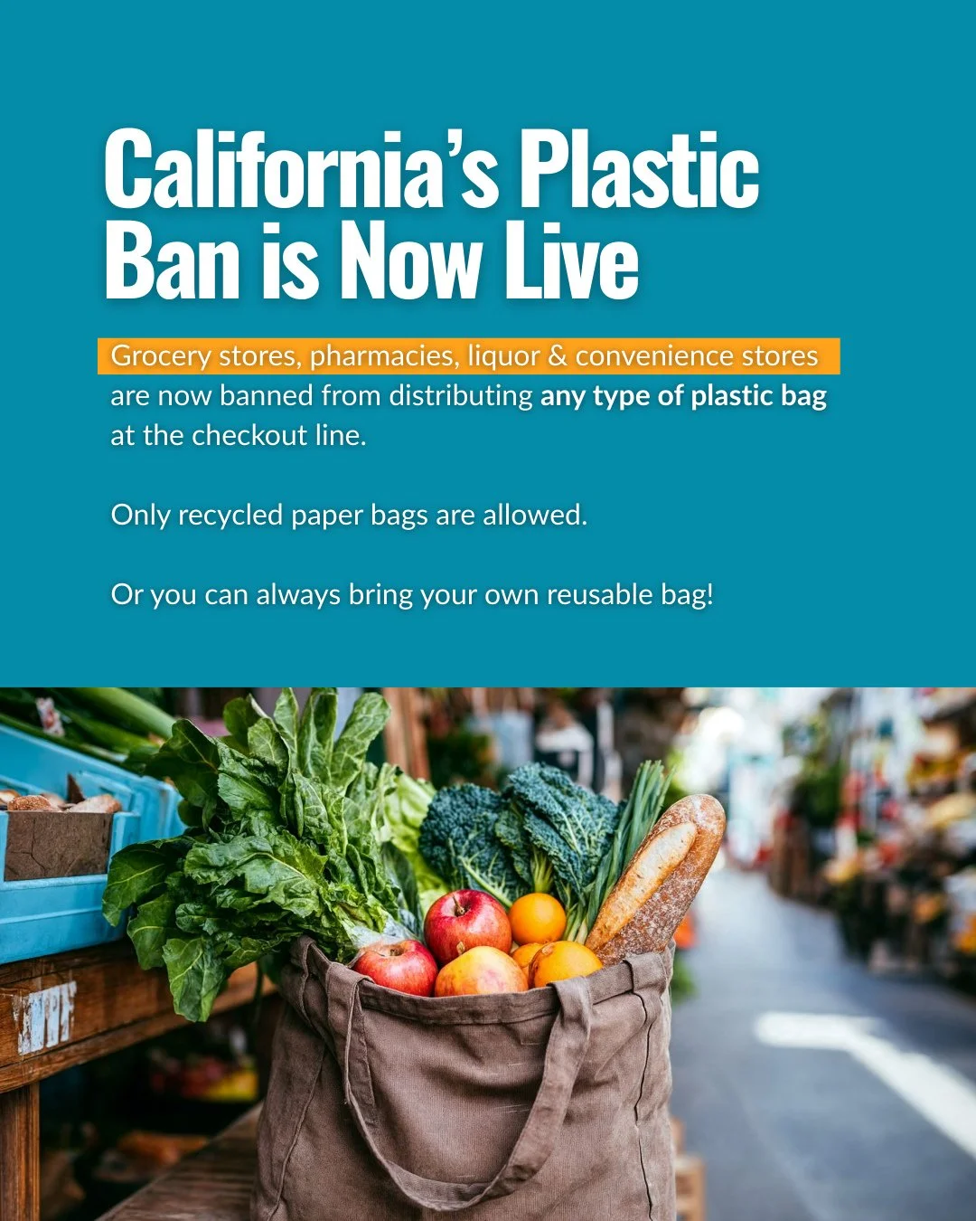 ICYMI: Starting Jan 1, 2026, all plastic carryout bags are now banned at checkout.⁠
⁠
Paper bags will still cost at least $0.10 but SB 1053 makes it clear: plastic bags are out, period. 🎉⁠
⁠
Less plastic at checkout means less plastic in storm drain