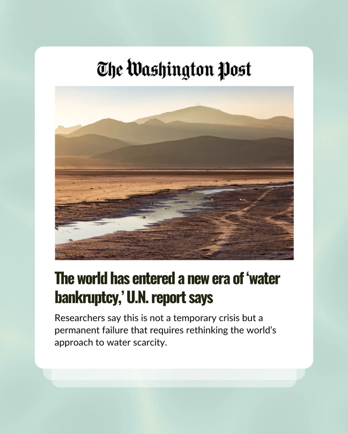 A new report highlighted by The Washington Post warns that climate change, pollution, and decades of overuse have pushed the world into what experts call &ldquo;water bankruptcy.&rdquo; 

What does this mean?😬 More than half of the world&rsquo;s lar