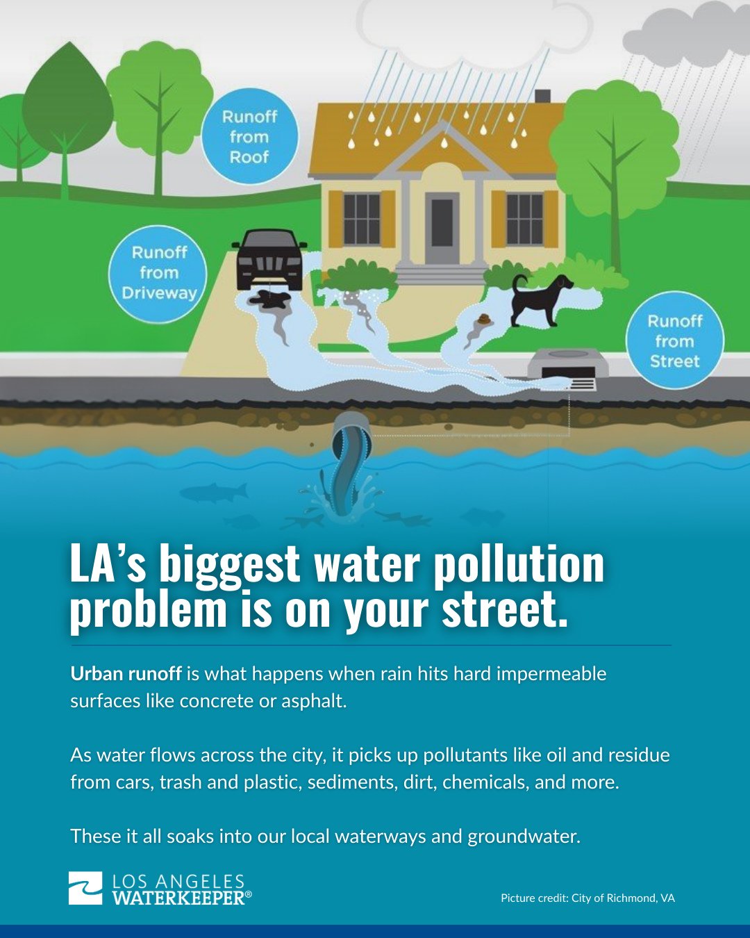 LA&rsquo;s biggest water pollution problem is happening right on your street.⁠
⁠
When it rains, most of the water runs over roads, sidewalks, parking lots, and rooftops instead of soil. On the way, it picks up oil from cars, trash, dirt, and chemical