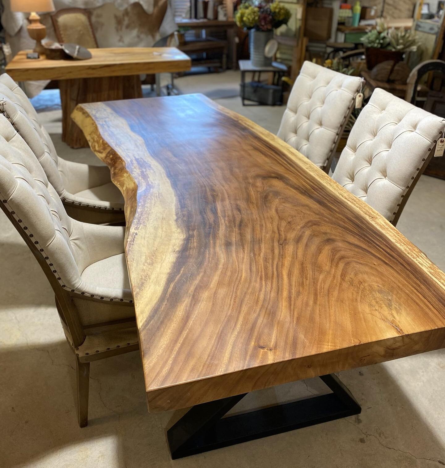 Just in!  Two gorgeous parota wood tables. 

This table measures approximately 97&rdquo; long, and 36&rdquo; wide. 

What is parota wood?  It is a highly prized sustainable wood common to tropical climates. It is considered durable, and native to Mex