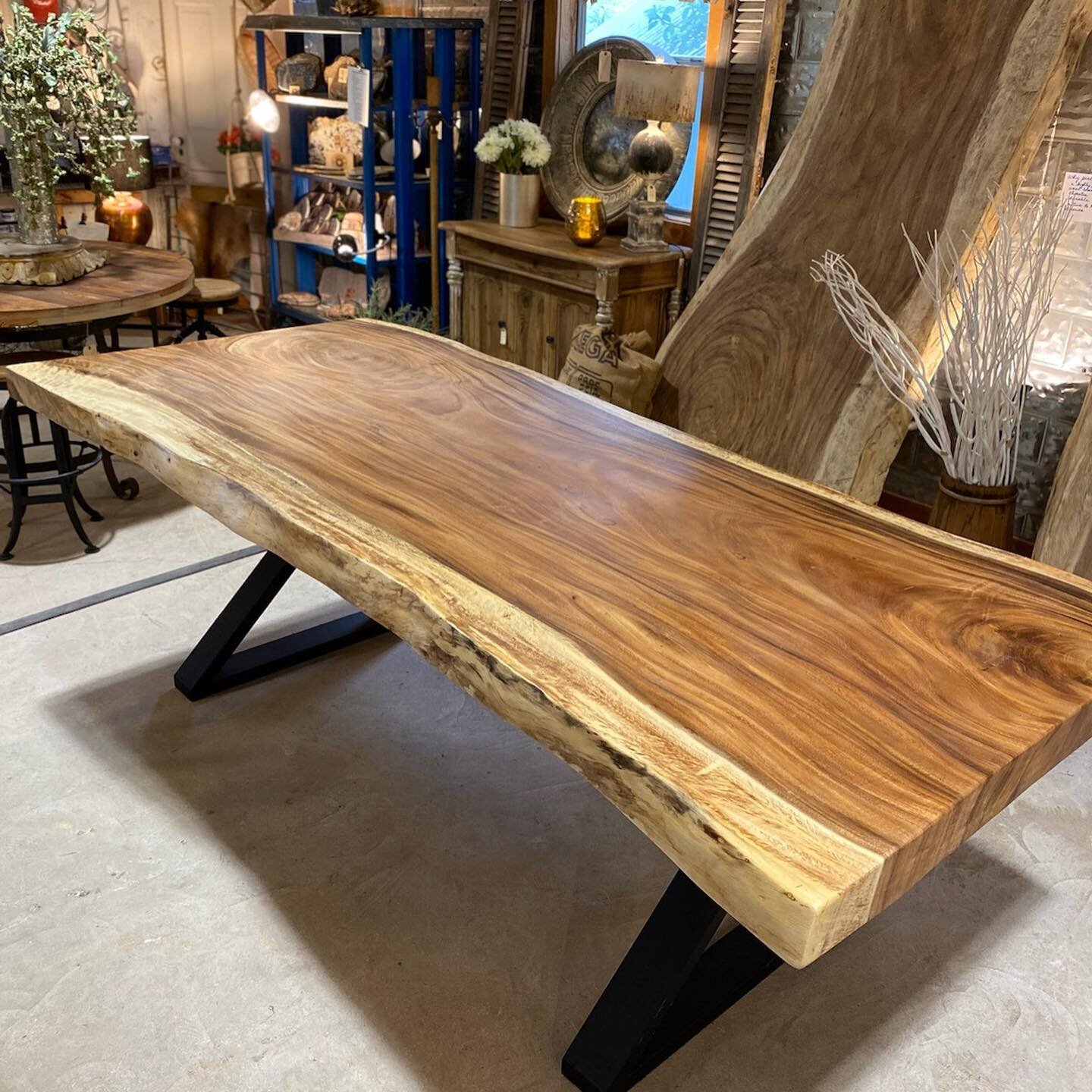 Just in!  Two gorgeous parota wood tables. 

This table measures approximately 97&rdquo; long, and 44&rdquo; wide. 

What is parota wood?  It is a highly prized sustainable wood common to tropical climates. It is considered durable, and native to Mex
