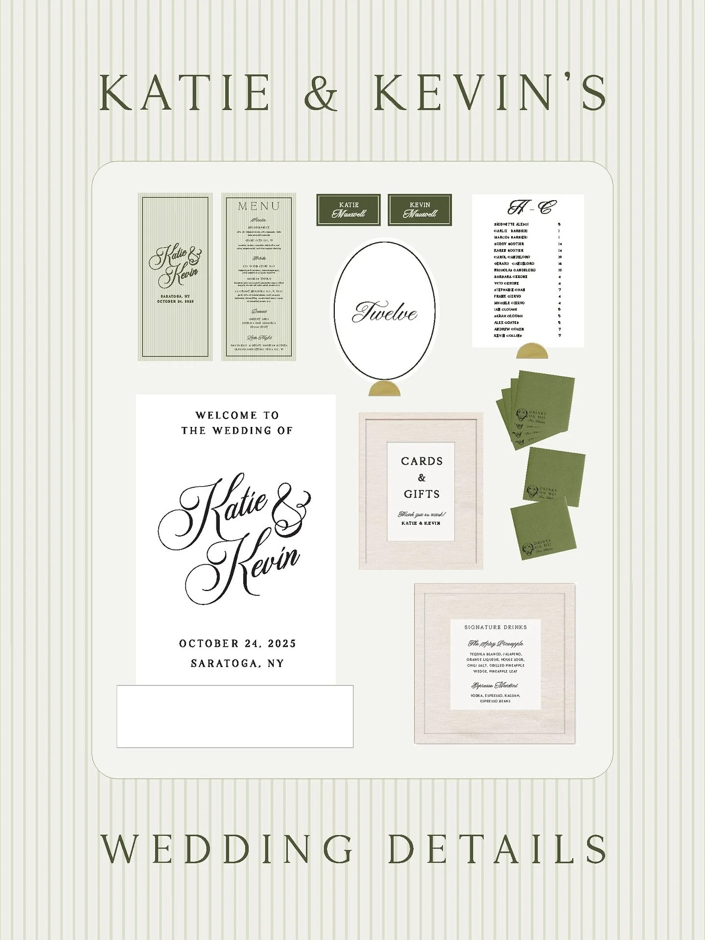 Details for Katie &amp; Kevin&rsquo;s Wedding ✨
Snapped these shots before packaging everything up and sending it all off to Saratoga!

What was included:
- Welcome sign
- Seating cards
- Place settings
- Table numbers
- Menus
- Cocktail napkins
- Si