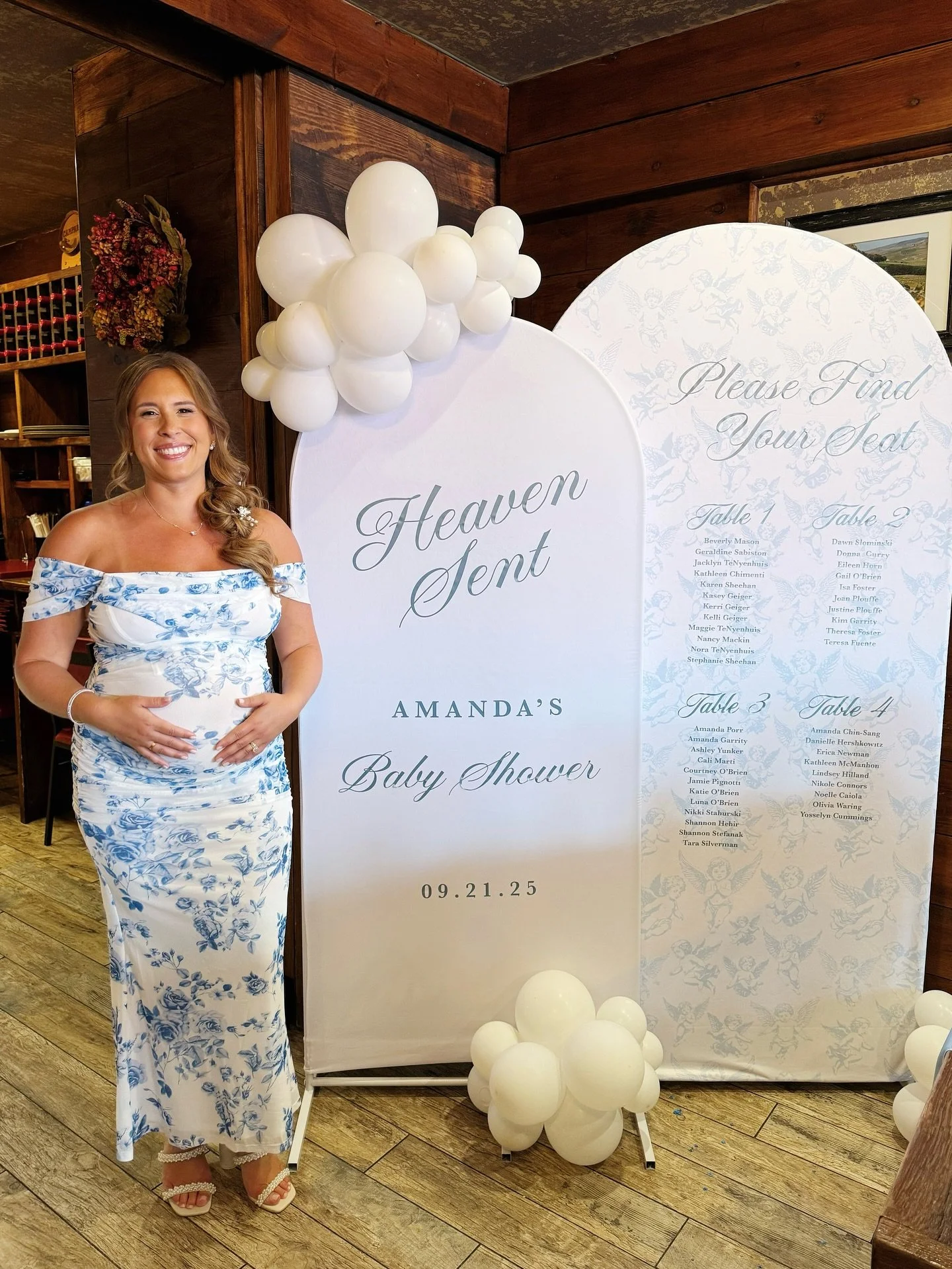 A closer look at the details from Amanda&rsquo;s Heaven Sent Baby Shower 🫶🏼🪽☁️ 

Custom welcome &amp; seating display, candles, and table numbers designed and created by me 🩵