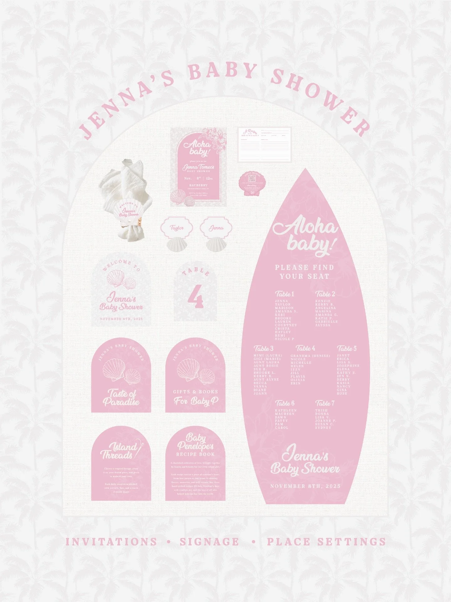 Swipe to see all the little touches that made Jenna&rsquo;s baby shower so special 🌸🌺
From the invitation suite (complete with a recipe card for guests to fill out) to the surfboard seating chart, signage, table numbers, place cards, and even the c