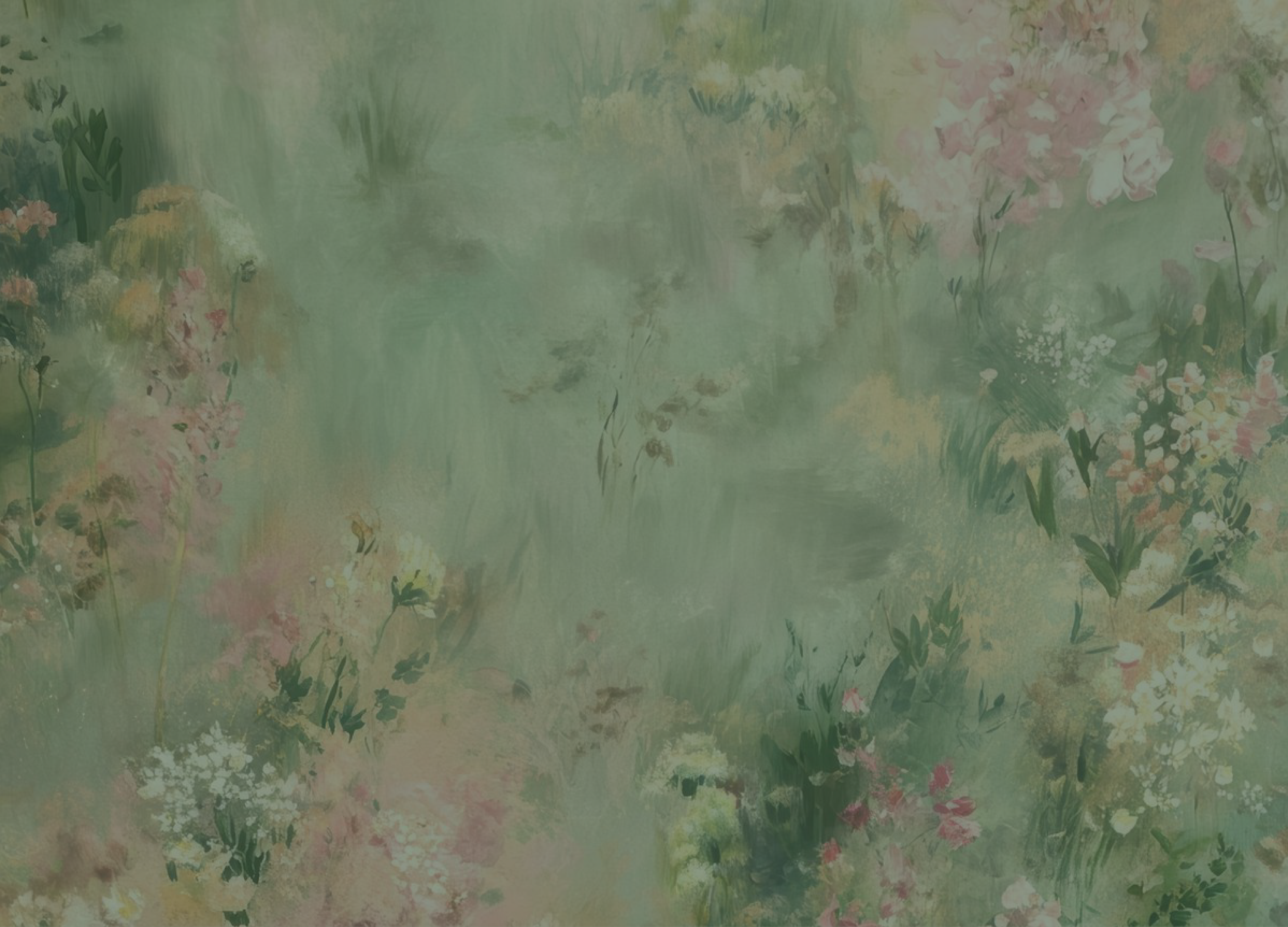 A soft, Impressionist-style painting of a lush garden with greenery and pink, white, and yellow flowers.