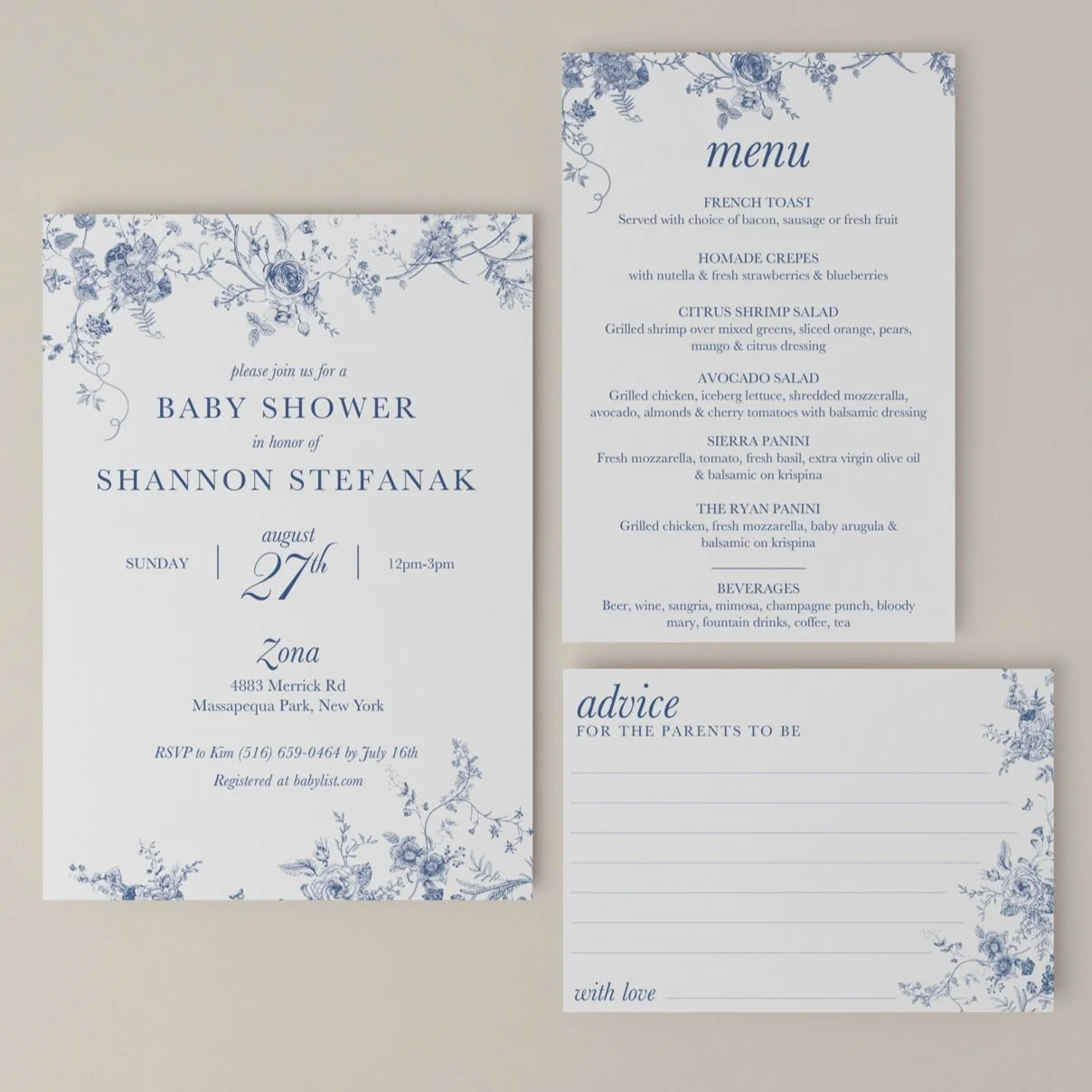 Three printed cards for a baby shower; the largest announces the event in blue floral design, the second lists a menu including French toast, crepes, salads, paninis, and beverages, and the third is a note offering advice for future parents with floral accents.