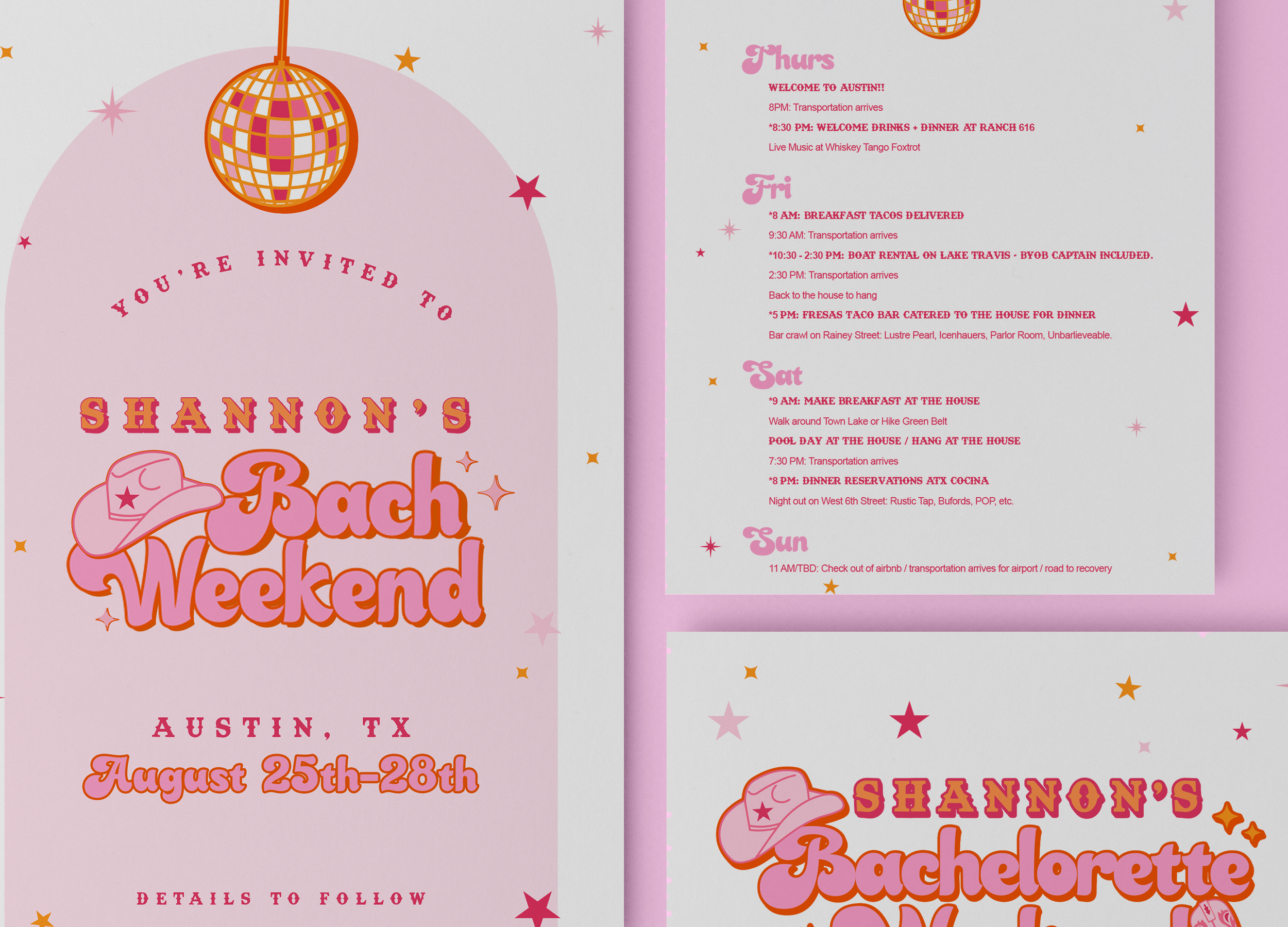 Event flyer for Shannon's Bach Weekend bachelorette party in Austin, TX, August 25th to 28th, featuring a pink and orange theme with stars, a disco ball, and a cowboy hat.