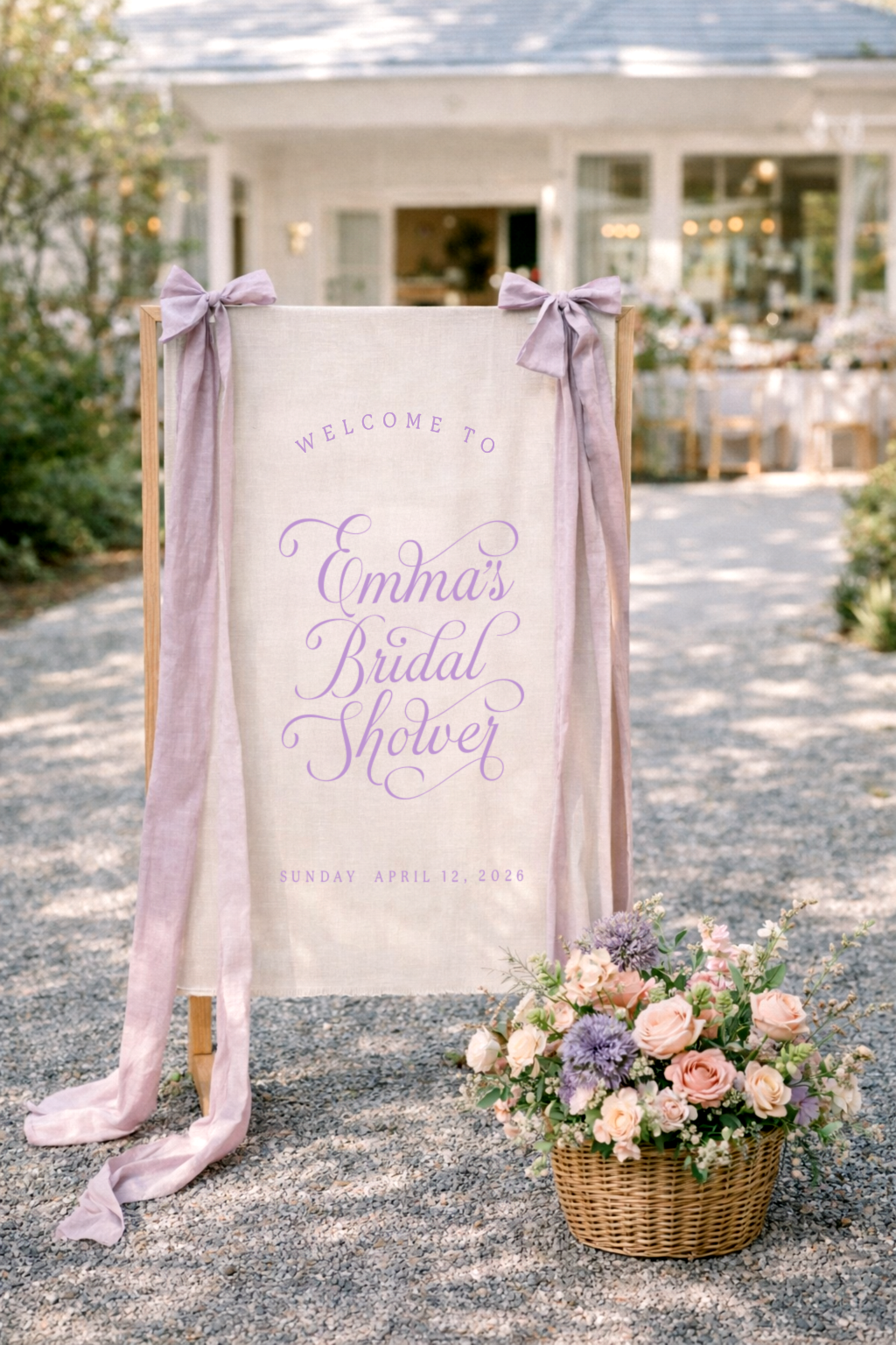 A welcome sign for Emma's bridal shower with pink and purple flowers in a wicker basket in front of it, set outdoors with a house and garden in the background.