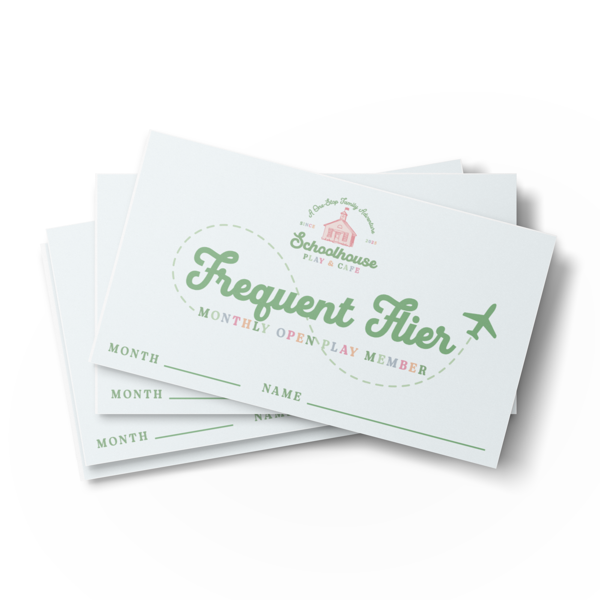Three white flyers for a preschool, titled 'Frequent Flyer,' with space for month and name, and featuring a green and pink color scheme.