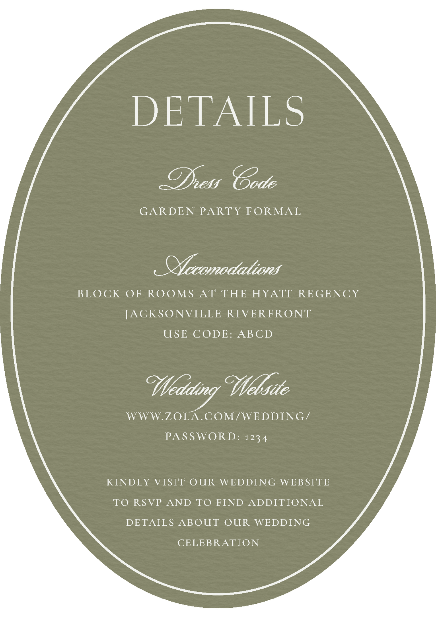 Wedding invitation with details about a garden party formal dress code, accommodations at Hyatt Regency, Jacksonville Riverfront, and a wedding website with password 1234.