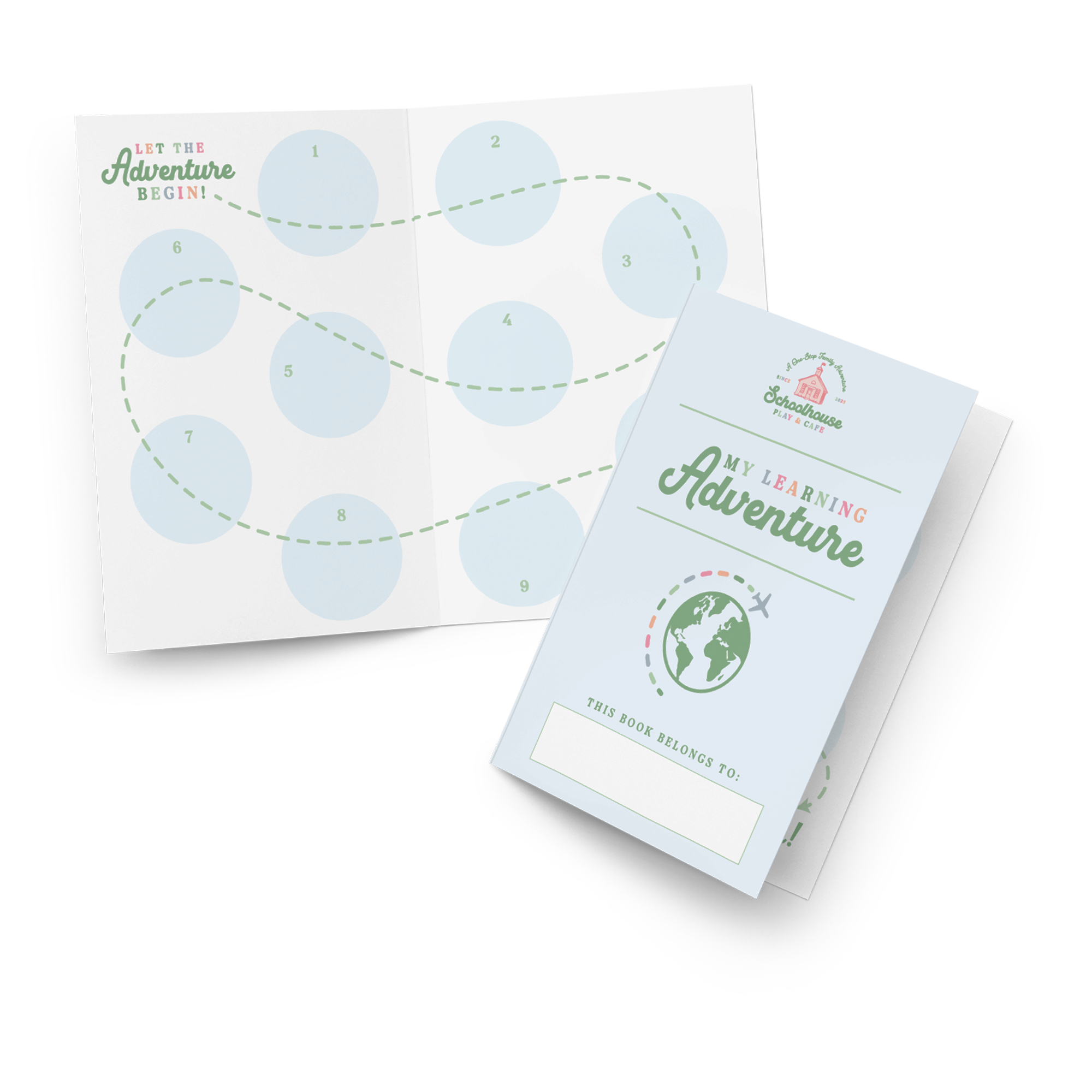 A travel-themed educational booklet titled "My Learning Adventure" and a game board with numbered circles connected by a dotted path, all featuring playful design elements and pastel colors.