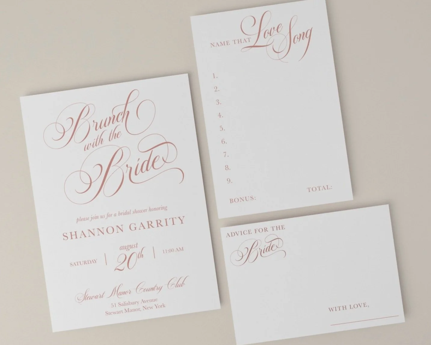 Wedding invitation set with elegant cursive text for bridal shower and wedding details, including RSVP card and advice card for the bride.