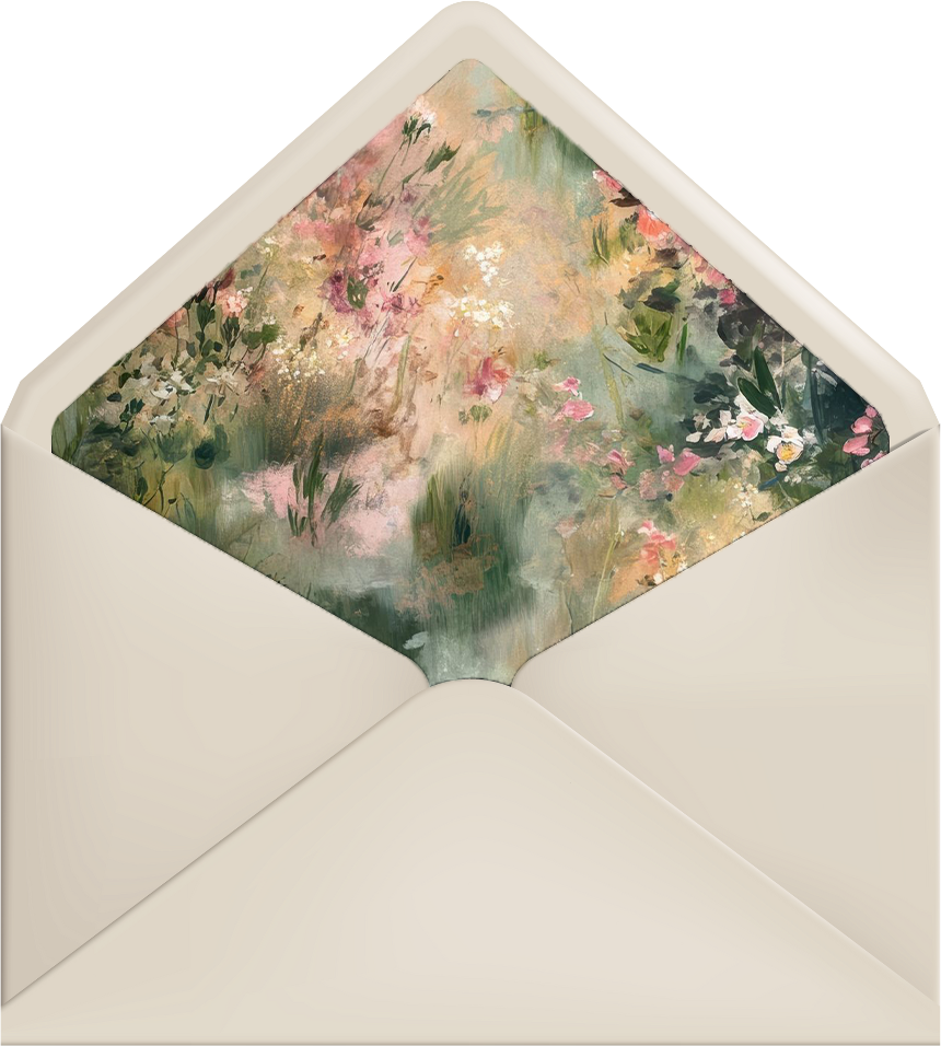 Open greeting card with floral watercolor painting inside, featuring pink, white, and green flowers and foliage.