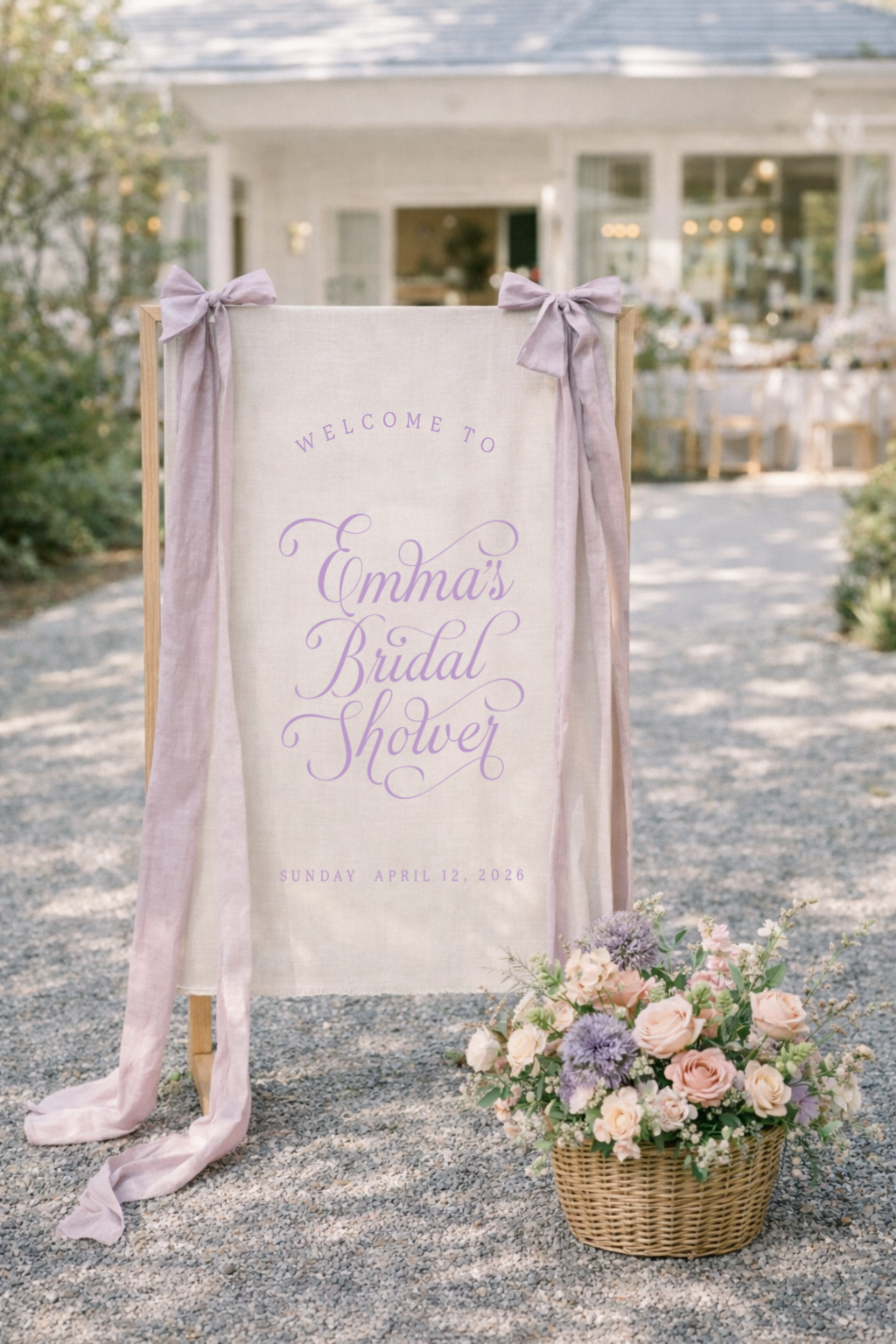 A welcome sign for Emma's bridal shower, with light purple ribbons on a wooden frame, set outdoors on a gravel path, with a basket of pink and purple flowers nearby, and a large white house in the background.