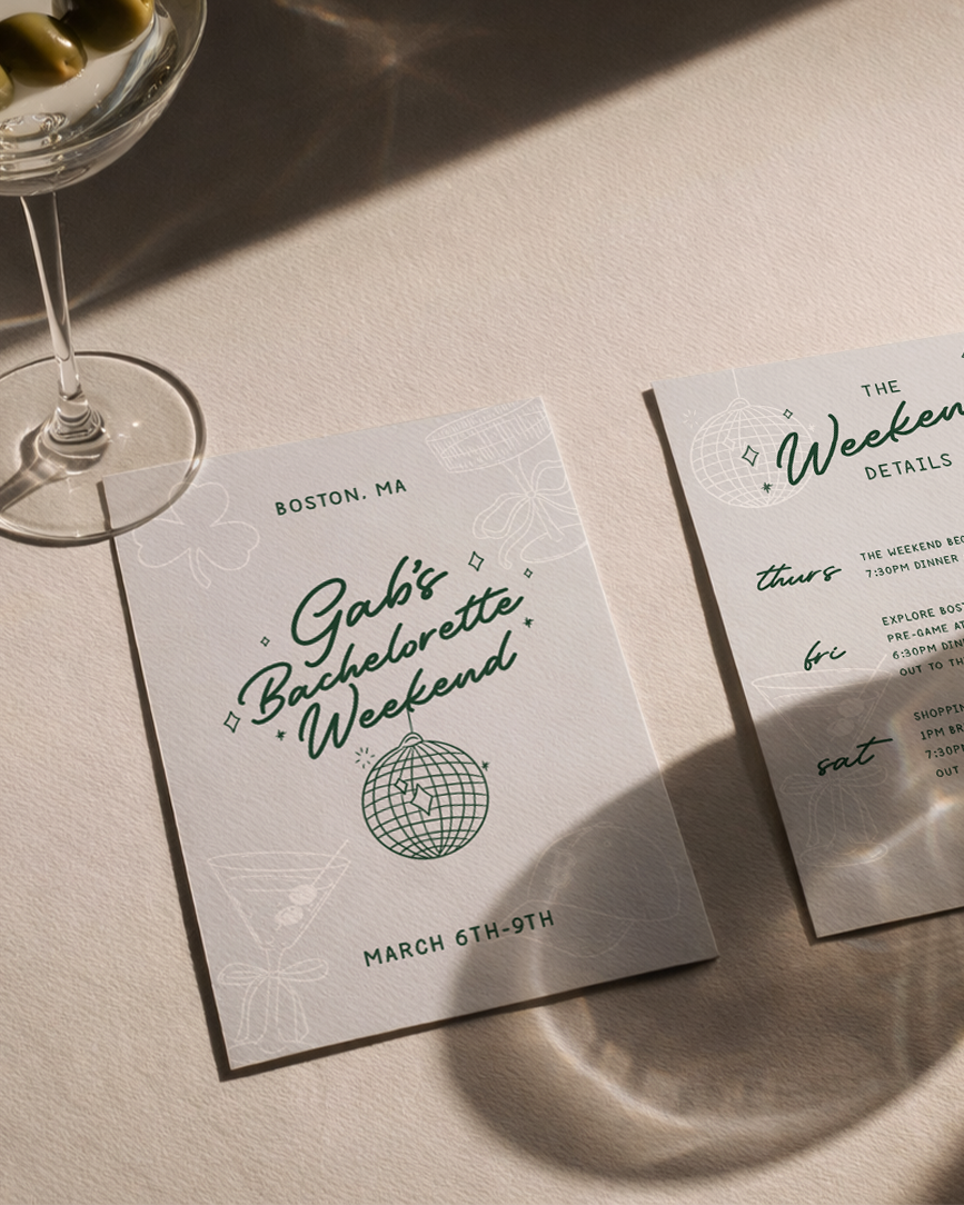 A flyer for Gab's Bachelorette Weekend, scheduled from March 6th to 9th, with a graphic of a disco ball and decorative floral sketches. The flyer is placed on a light pink surface with a glass of white wine nearby.