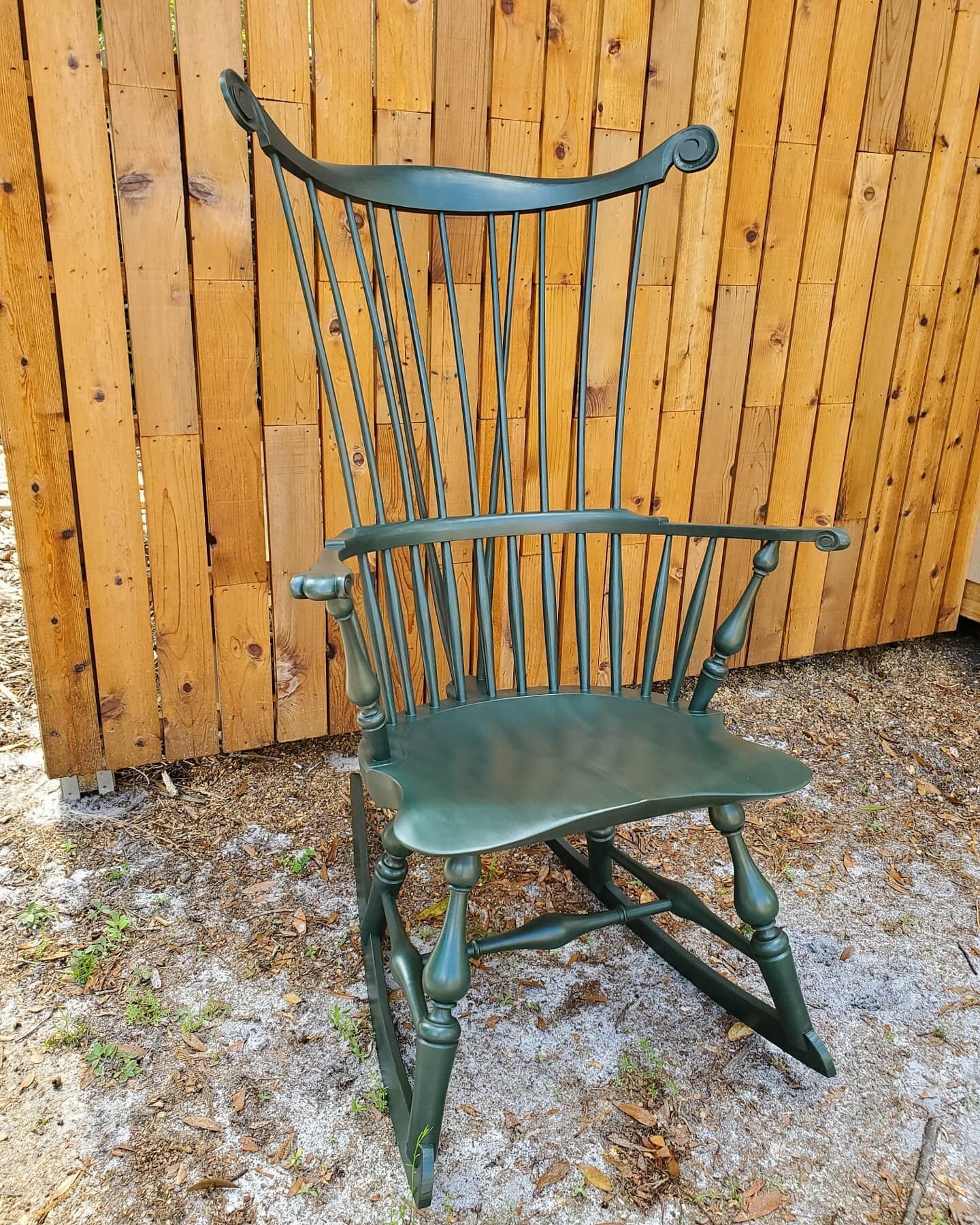 Bunch of firsts on this one. Comb back rocker in peacock milk paint. #rockingchair #balusters #chairtail #windsorchair #greenwoodworking #chairmaking