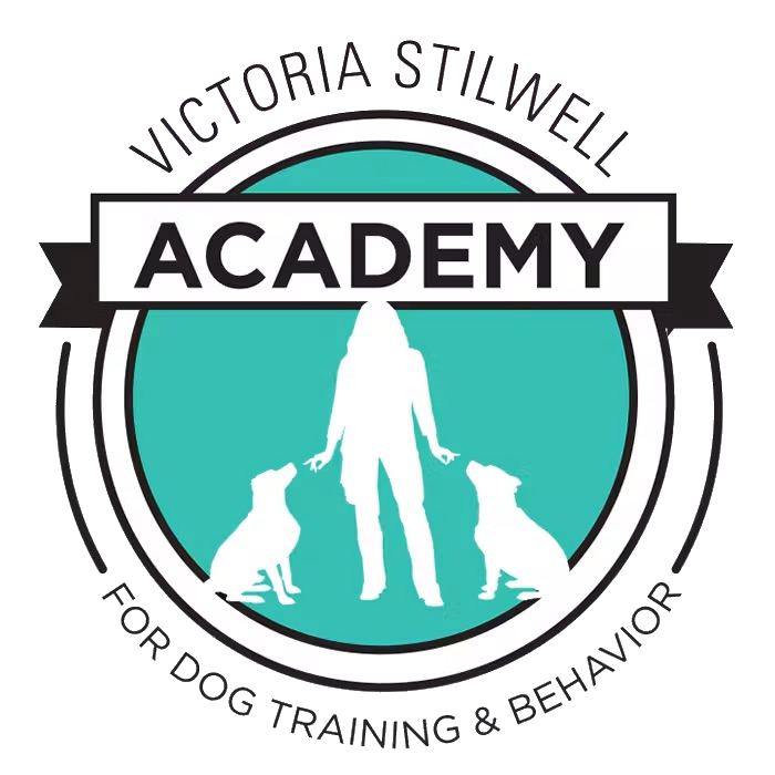 A logo for the Victoria Stilwell Academy for dog trainers.