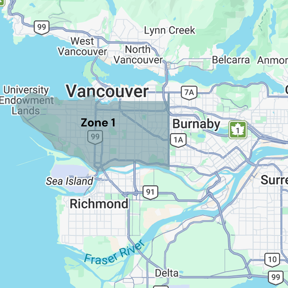 Map of Vancouver, British Columbia, Canada, highlighting Zone 1 in part of the city, with nearby communities and major roads visible.