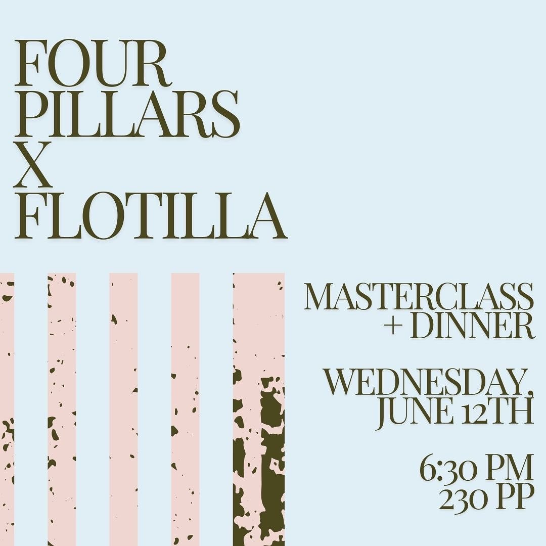 Four Pillars x Flotilla
This one is for the gin lovers. Gin masterclass + dinner + all the cocktails.
*30 tickets on sale now. Don&rsquo;t snooze.