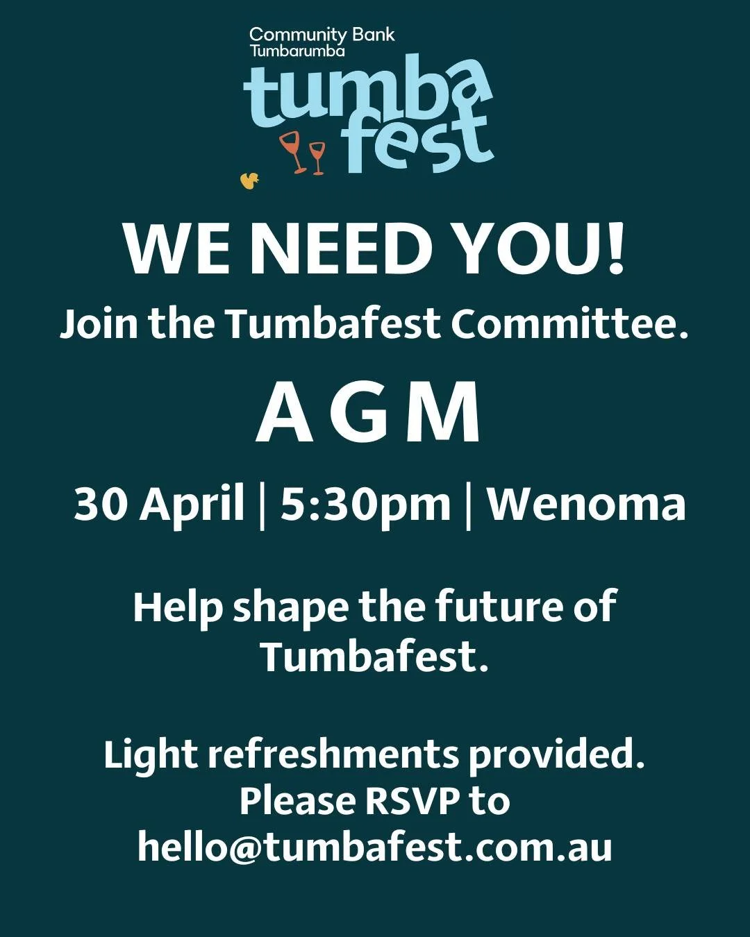 🌟 Tumbafest Needs You! 🌟

Our Annual General Meeting is happening on Tuesday 30 April at 5:30pm &ndash; and we&rsquo;re calling on our amazing community to get involved!

After years of dedication, some of our long-serving committee members are tak