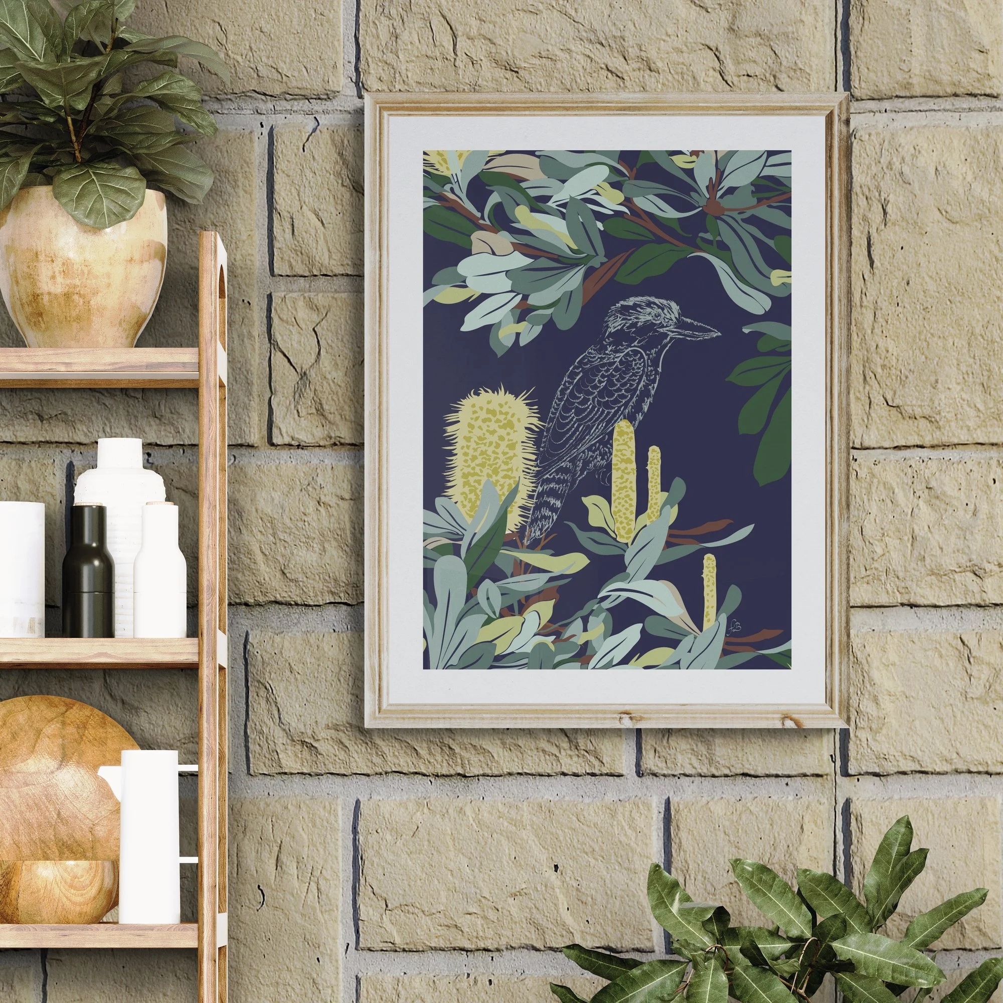 Fine art print - Banksia & Kookaburra in Navy