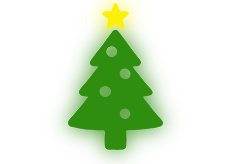 A colorful, stylized Christmas tree graphic with a yellow star on top, green tiers, and a black and yellow background.