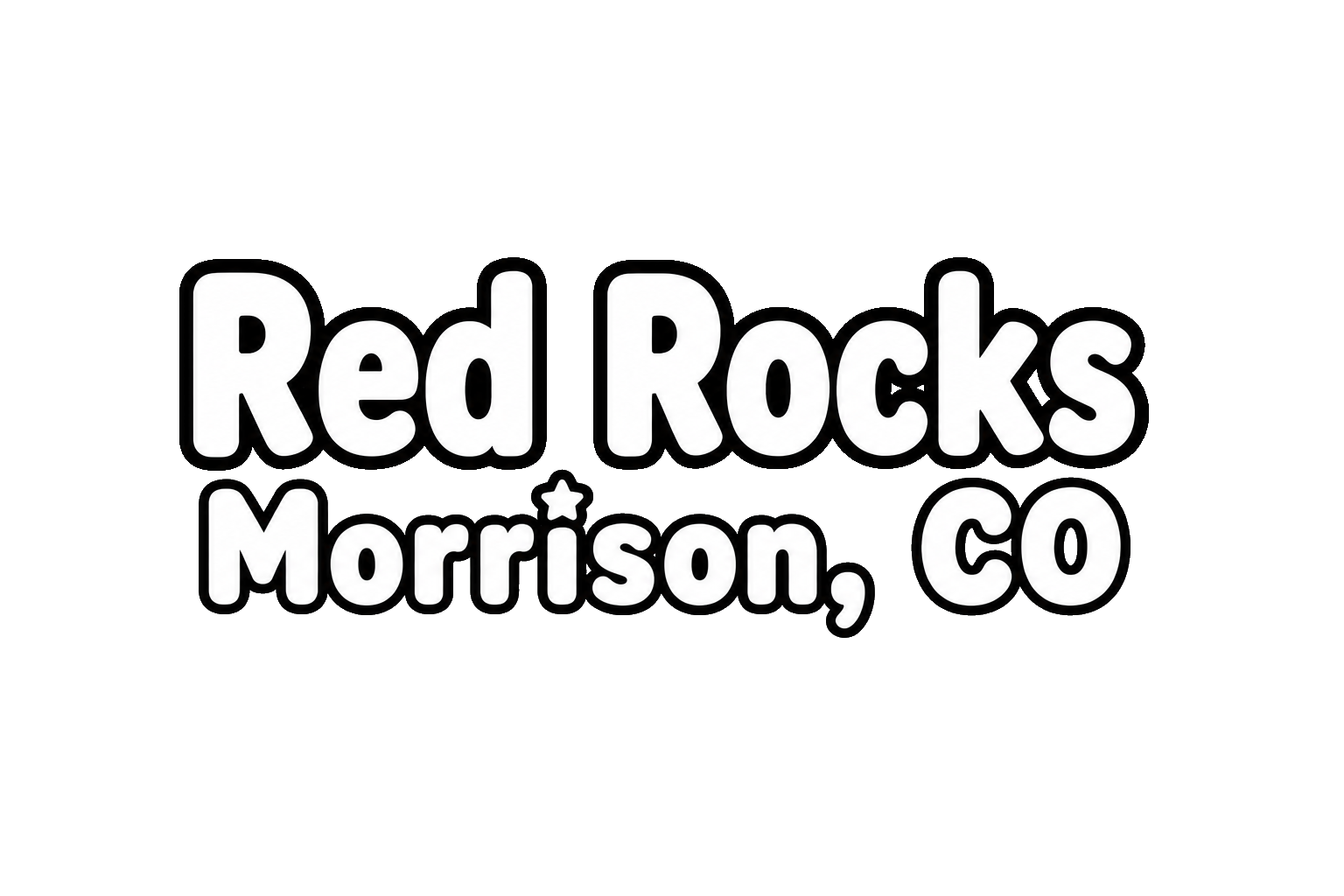 Logo for Red Rocks Morrison, Colorado with white bold letters on black background and a yellow line outline.