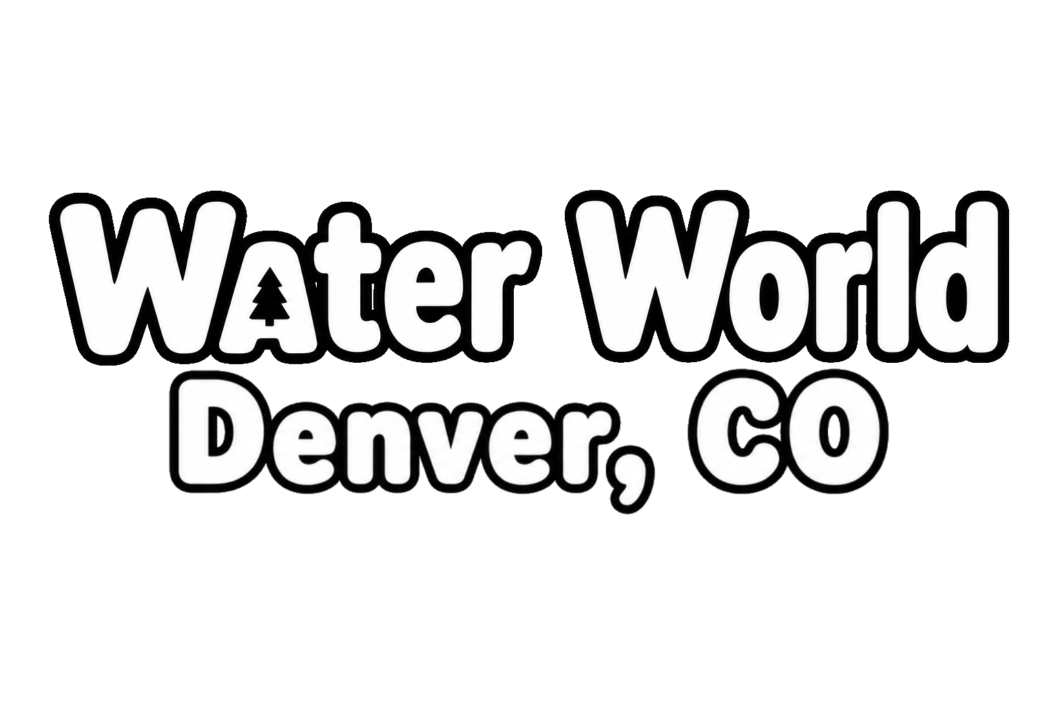 Logo for Water World Denver, CO featuring bold white text with a small pine tree icon inside the