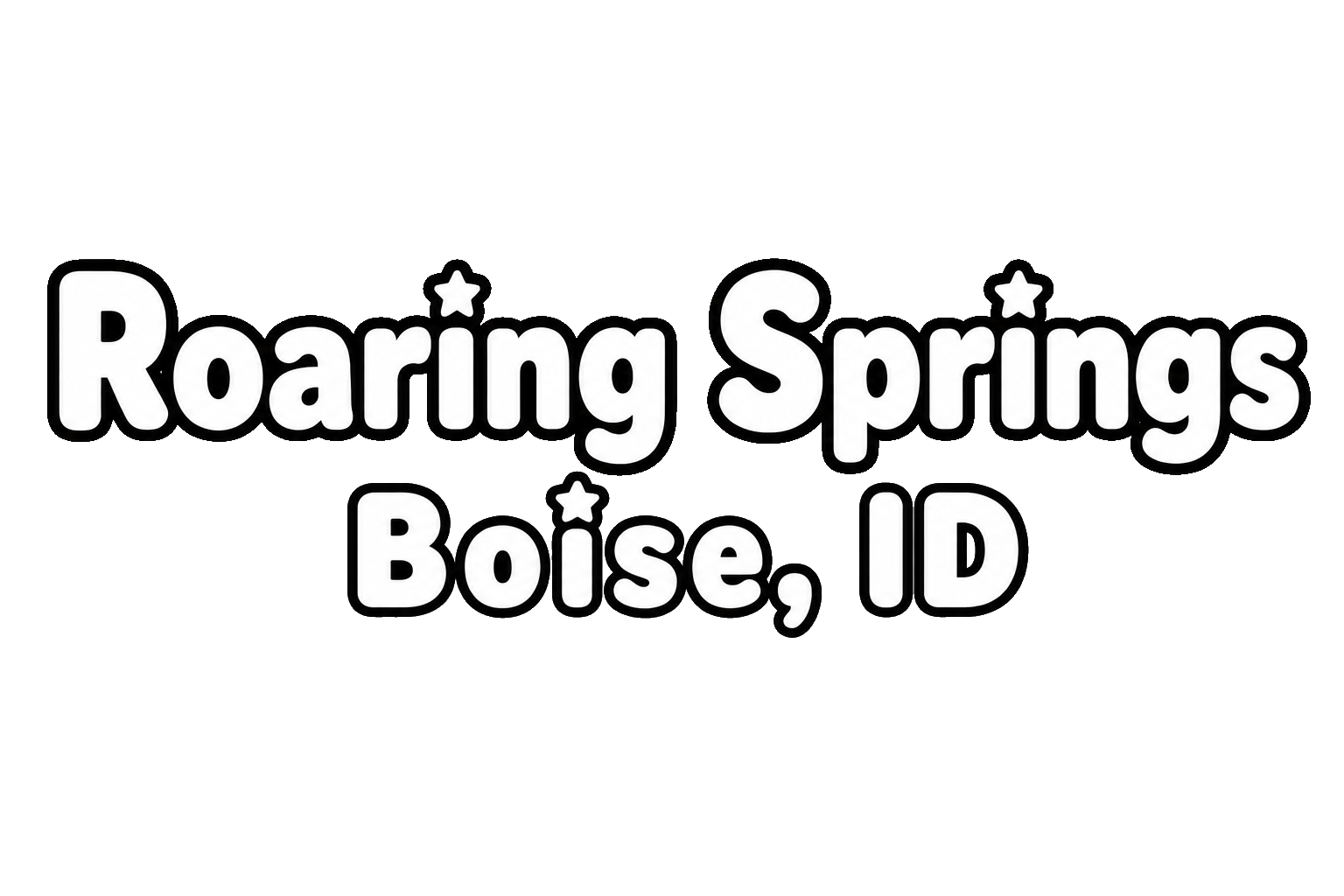 Logo with the text 'Roaring Springs Boise, ID' in white letters with black outline and star accents on a black background.